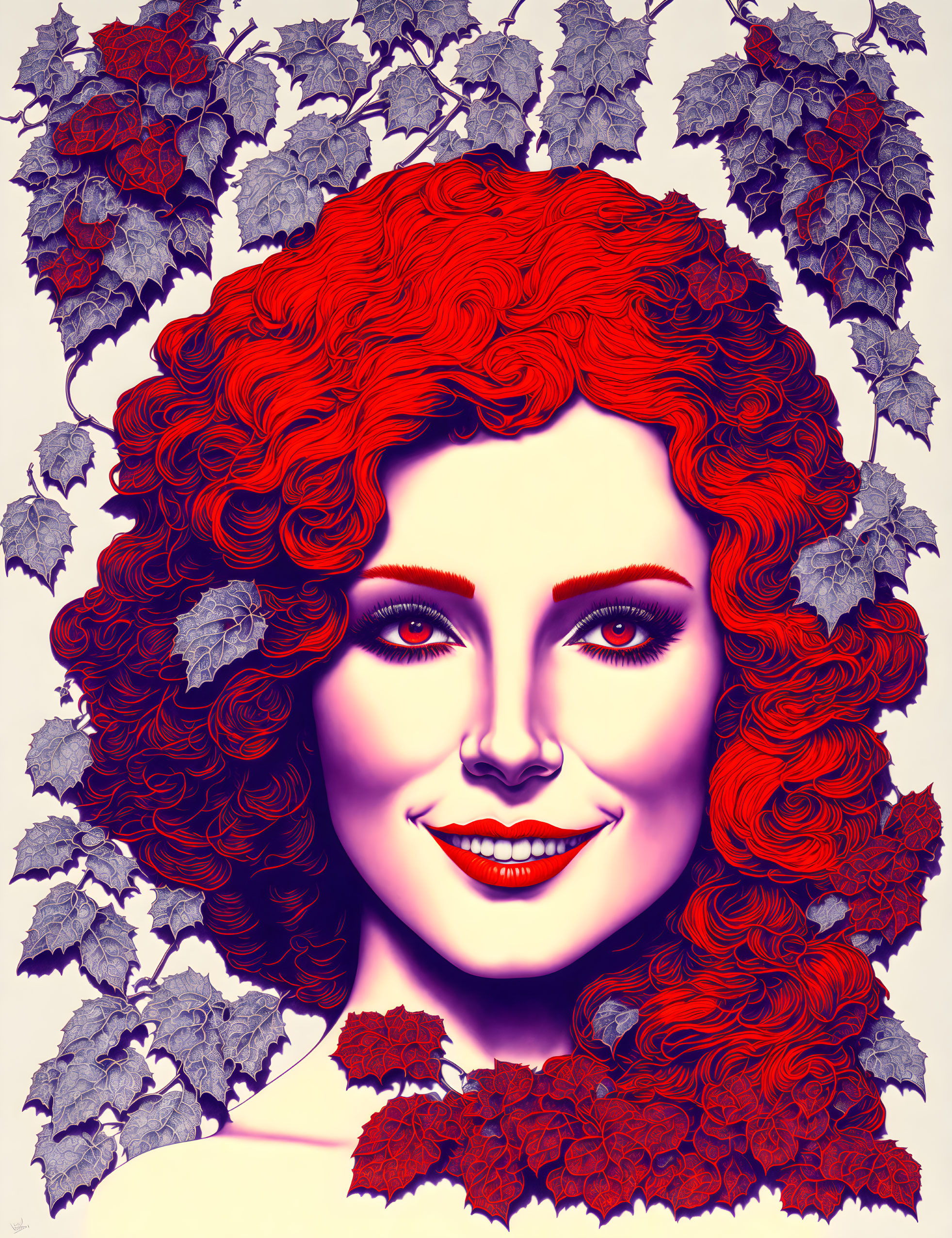 Vibrant illustration of woman with red curly hair among grape leaves