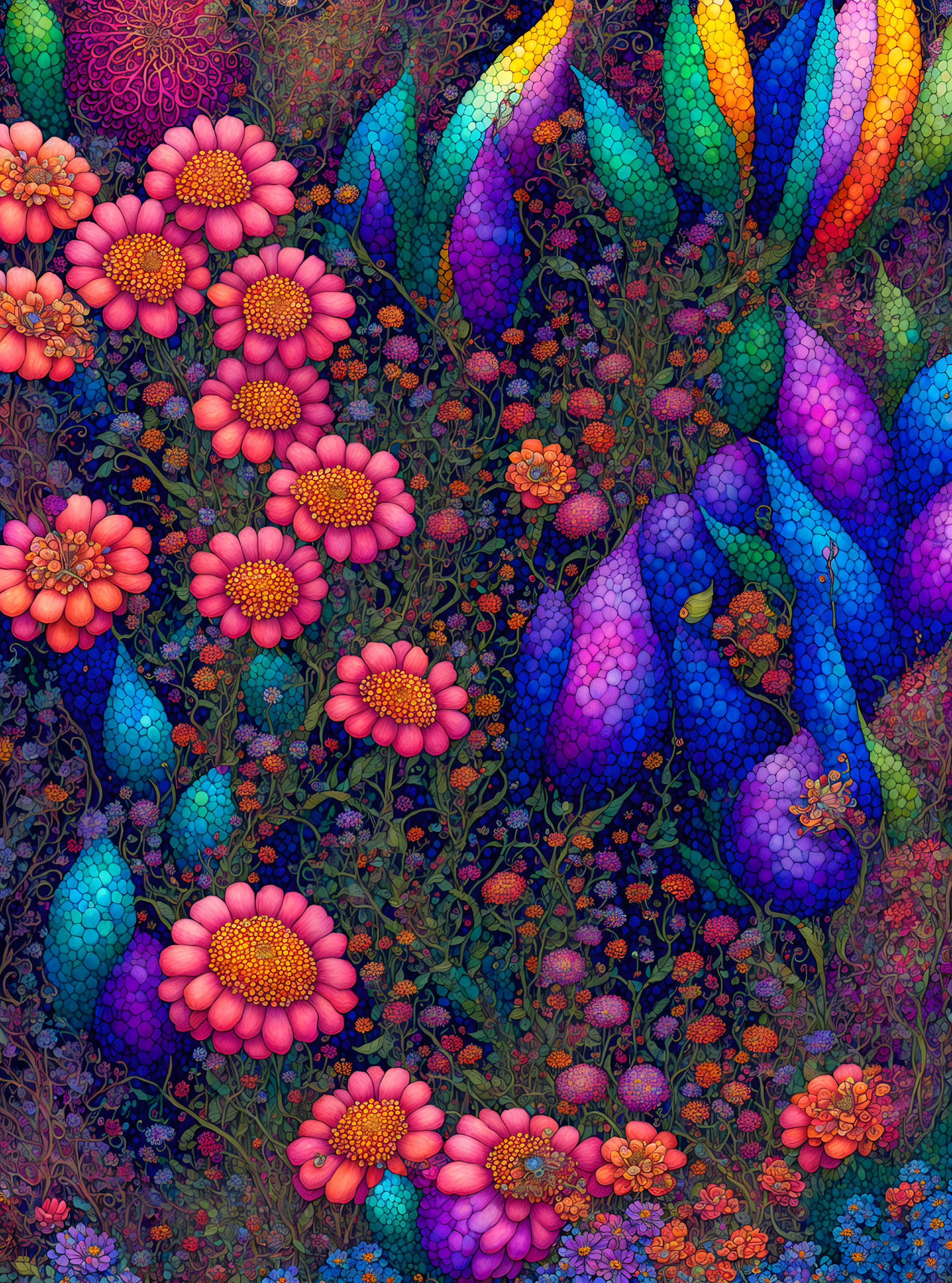 Colorful digital artwork: vibrant flowers and leaves with intricate patterns on textured background