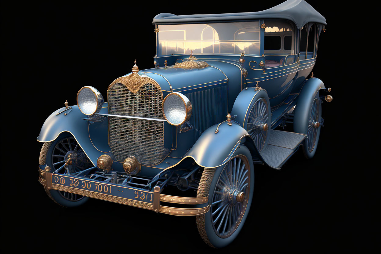 Blue Vintage Car with Chrome Detailing and Spoke Wheels on Dark Background