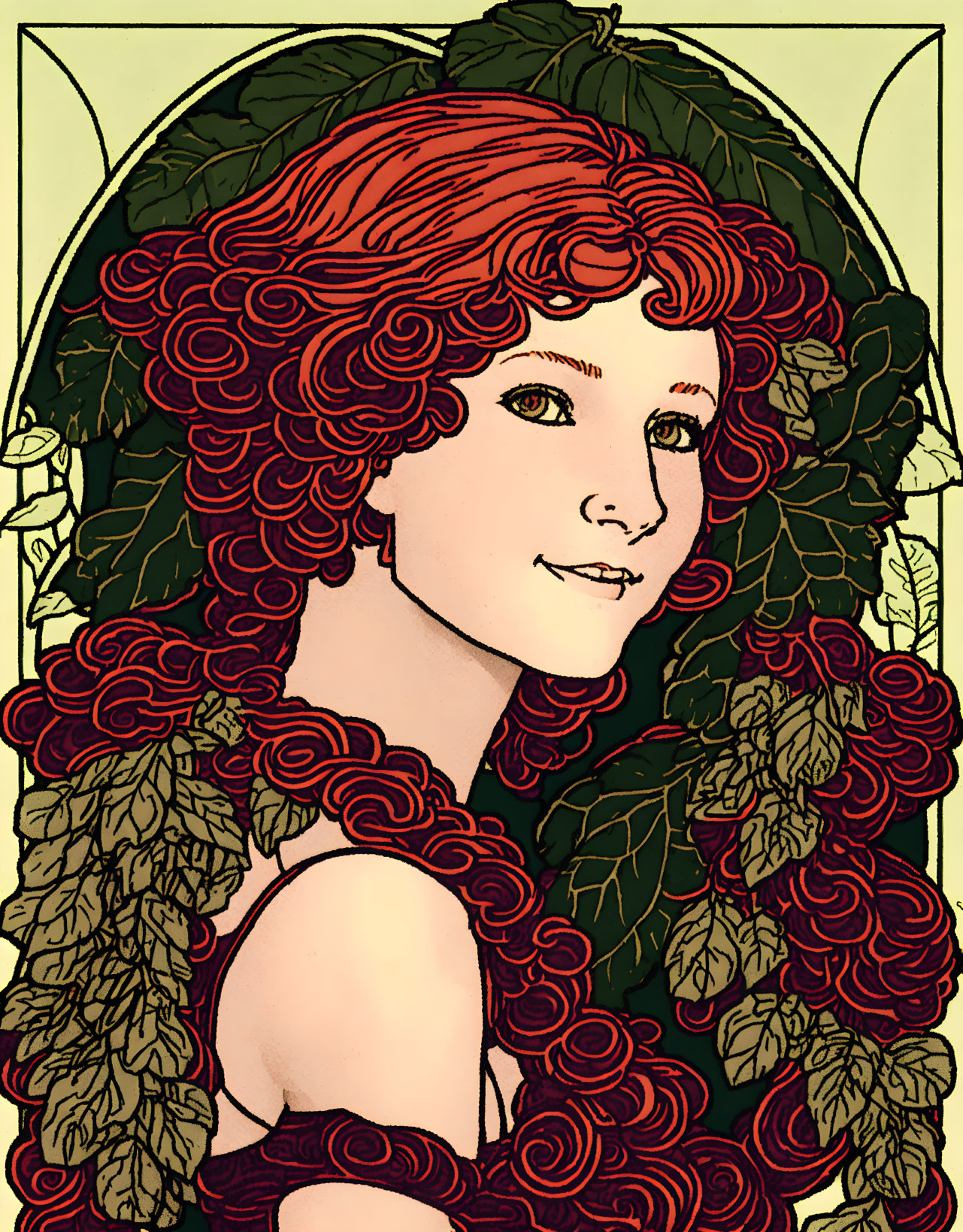 Stylized portrait of woman with red curly hair in Art Nouveau frame