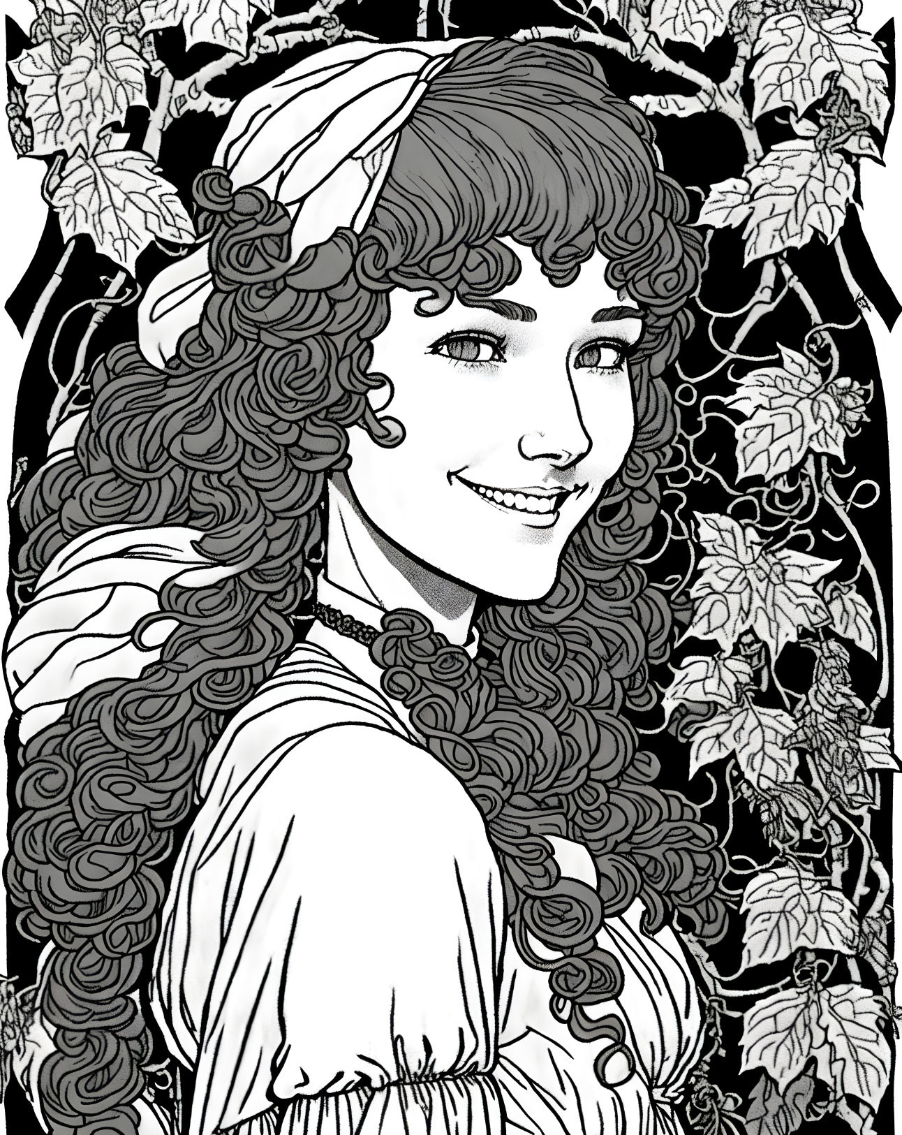 Monochrome illustration of smiling woman with curly hair and headband surrounded by vine patterns