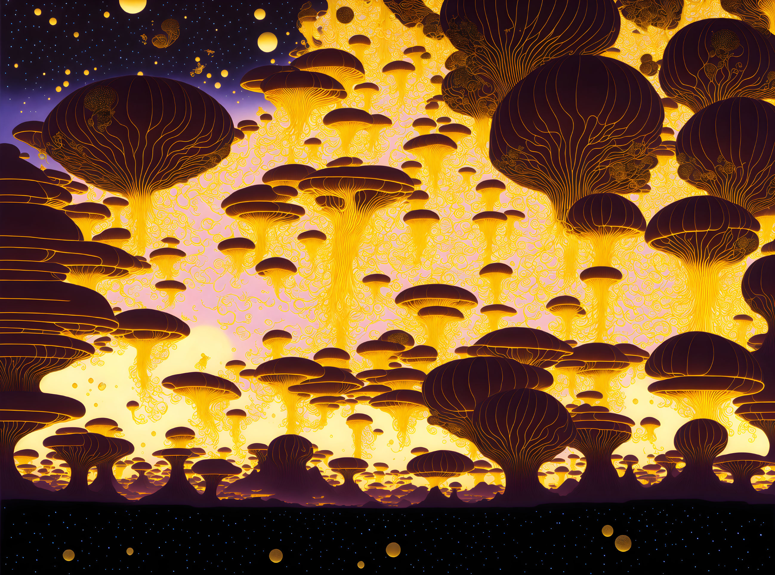 Surreal psychedelic landscape with mushroom-like structures in gold, yellow, and purple palette