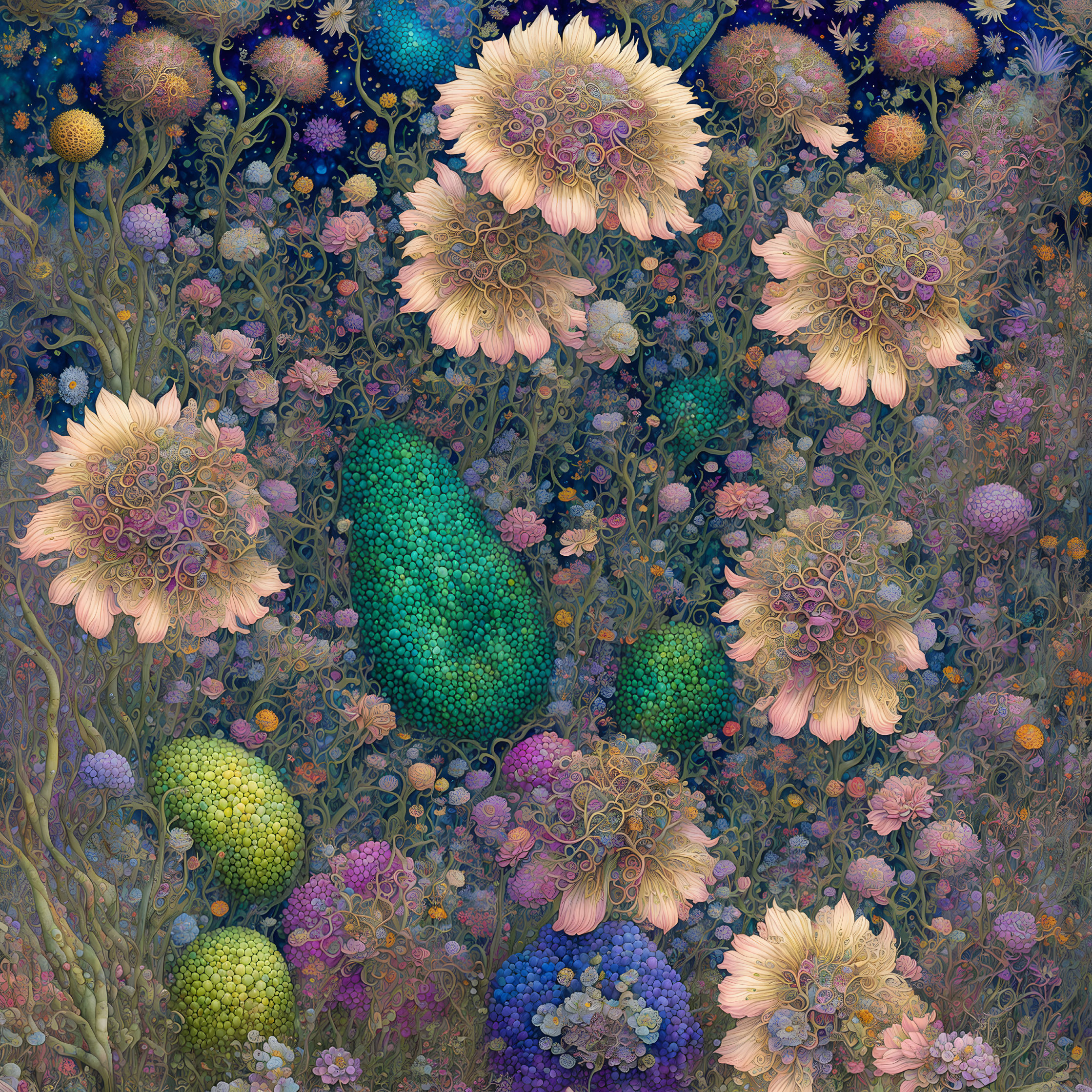 Colorful artwork with fantastical flora and spherical motifs in intricate patterns