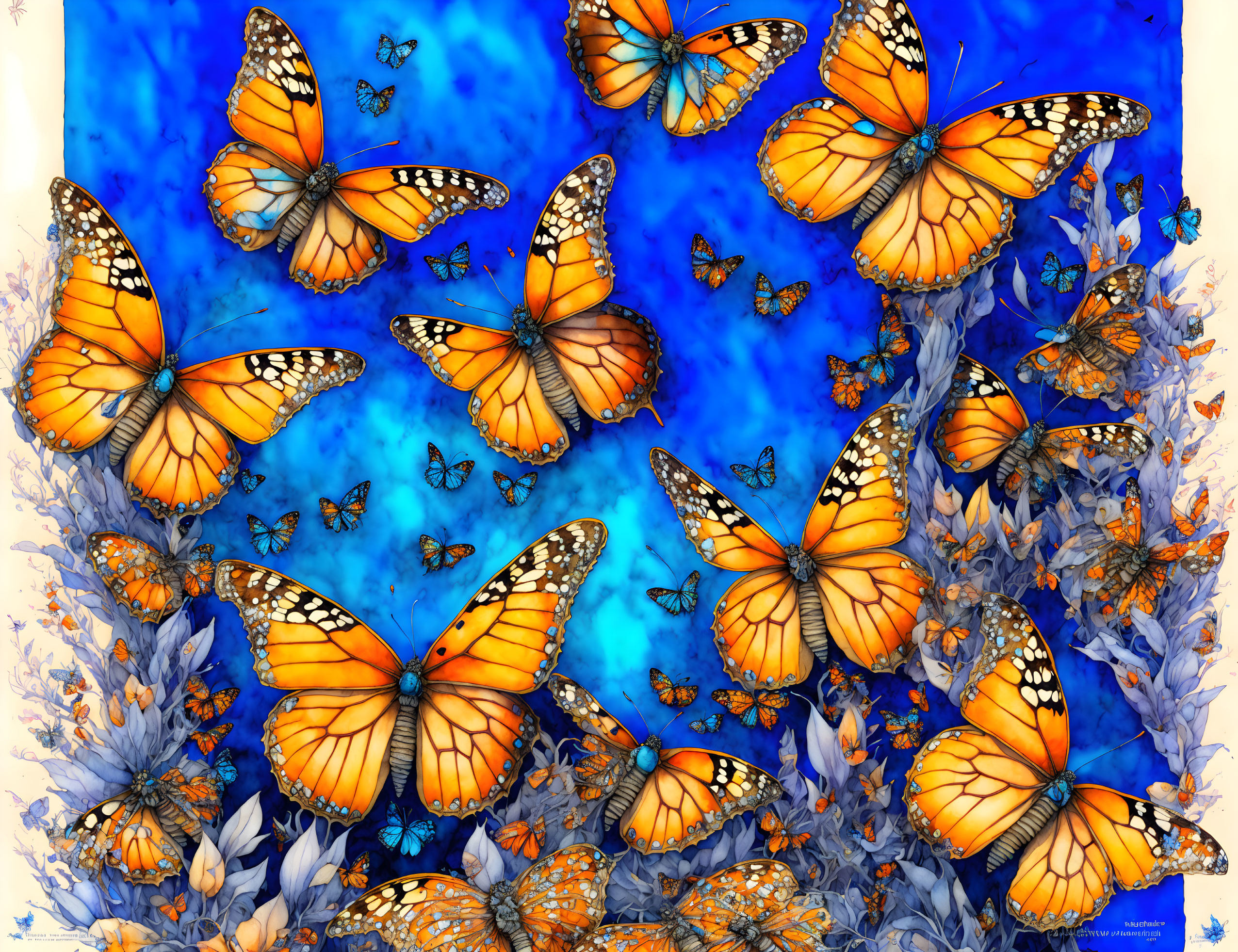 Colorful digital artwork: Orange monarch butterflies among blue flowers