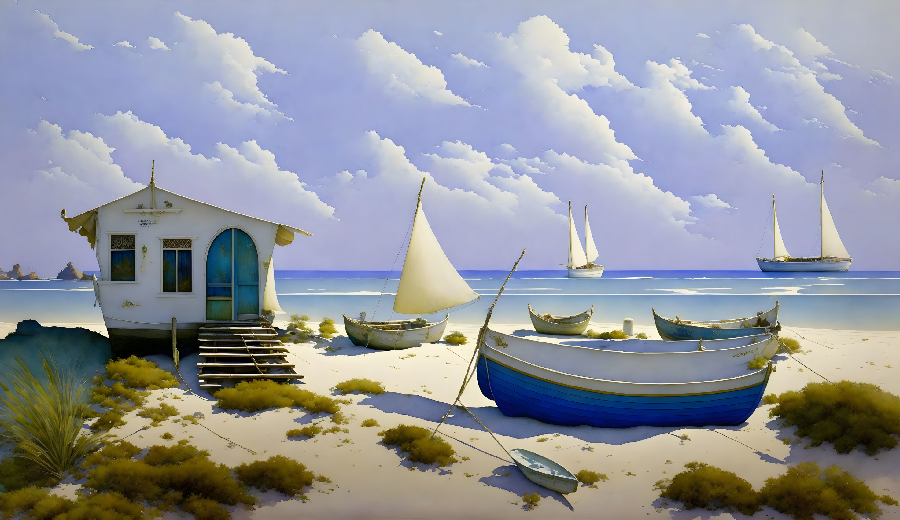 Tranquil beach scene with white shack, sailboats, blue water, fluffy clouds