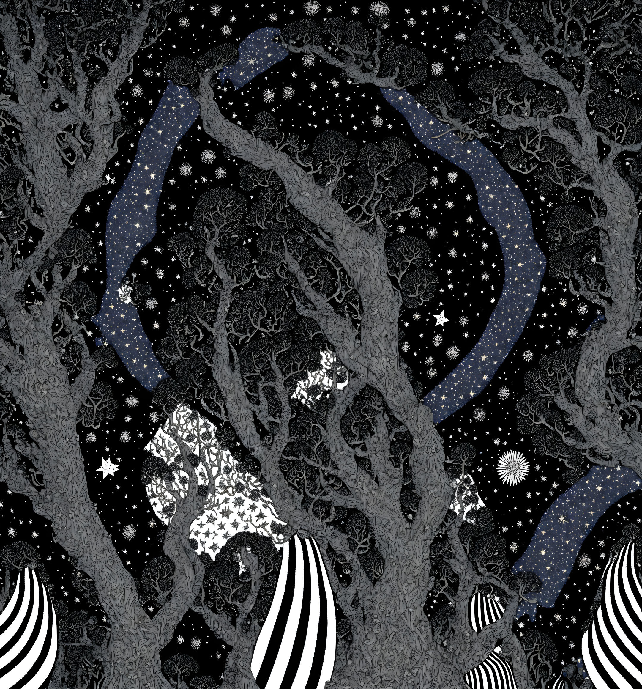 Monochrome abstract image: zebra stripes, celestial elements, intricate tree-like patterns.