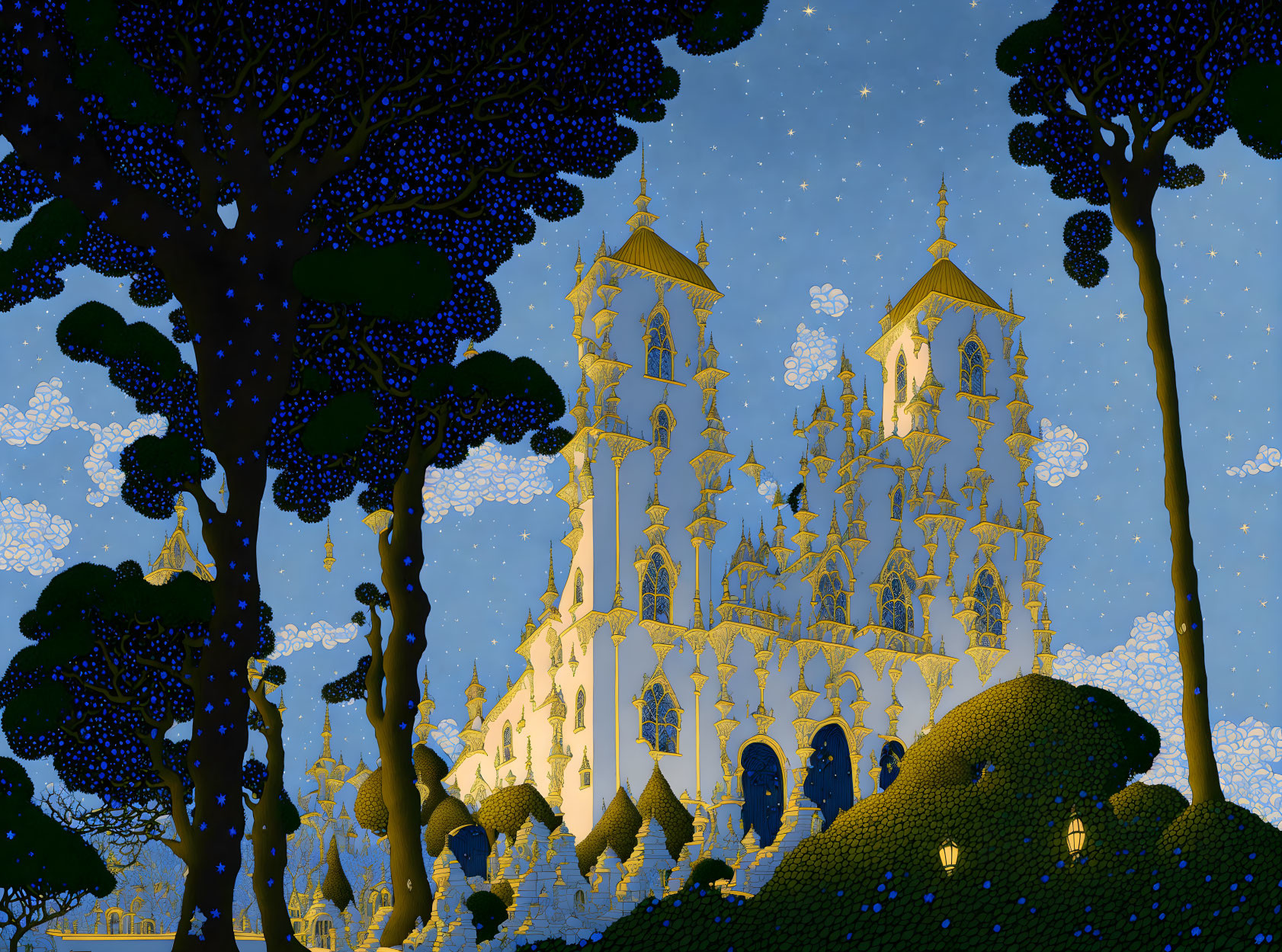 Detailed Illustration: Golden Castle at Night with Starry Sky and Dark Trees