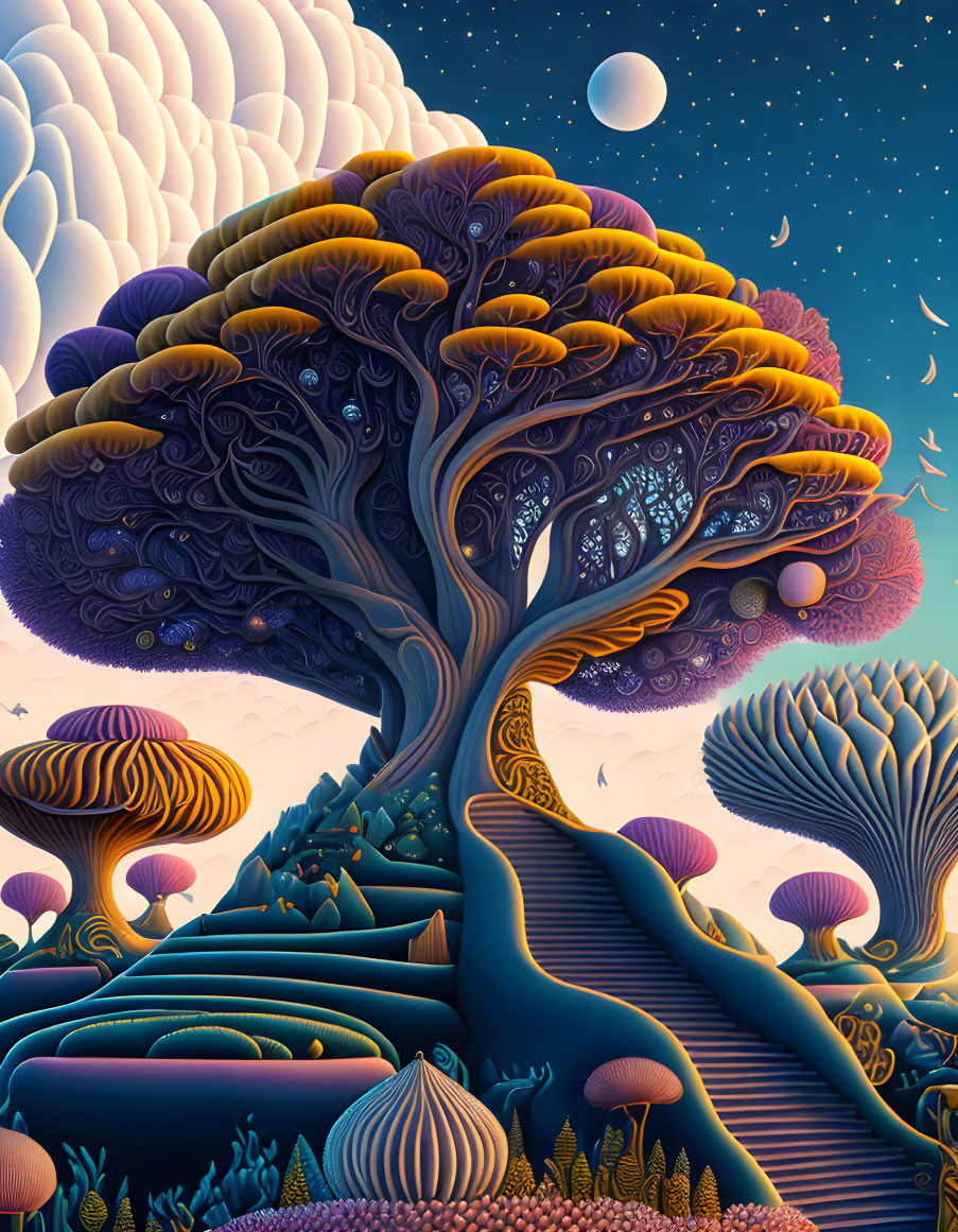 Fantasy landscape with majestic tree, whimsical mushrooms, river, and starry sky