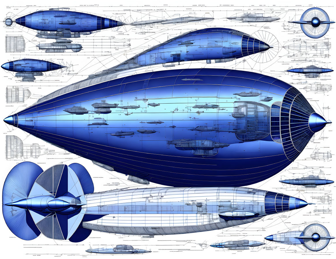 Futuristic airship blueprint with multiple views and engineering components