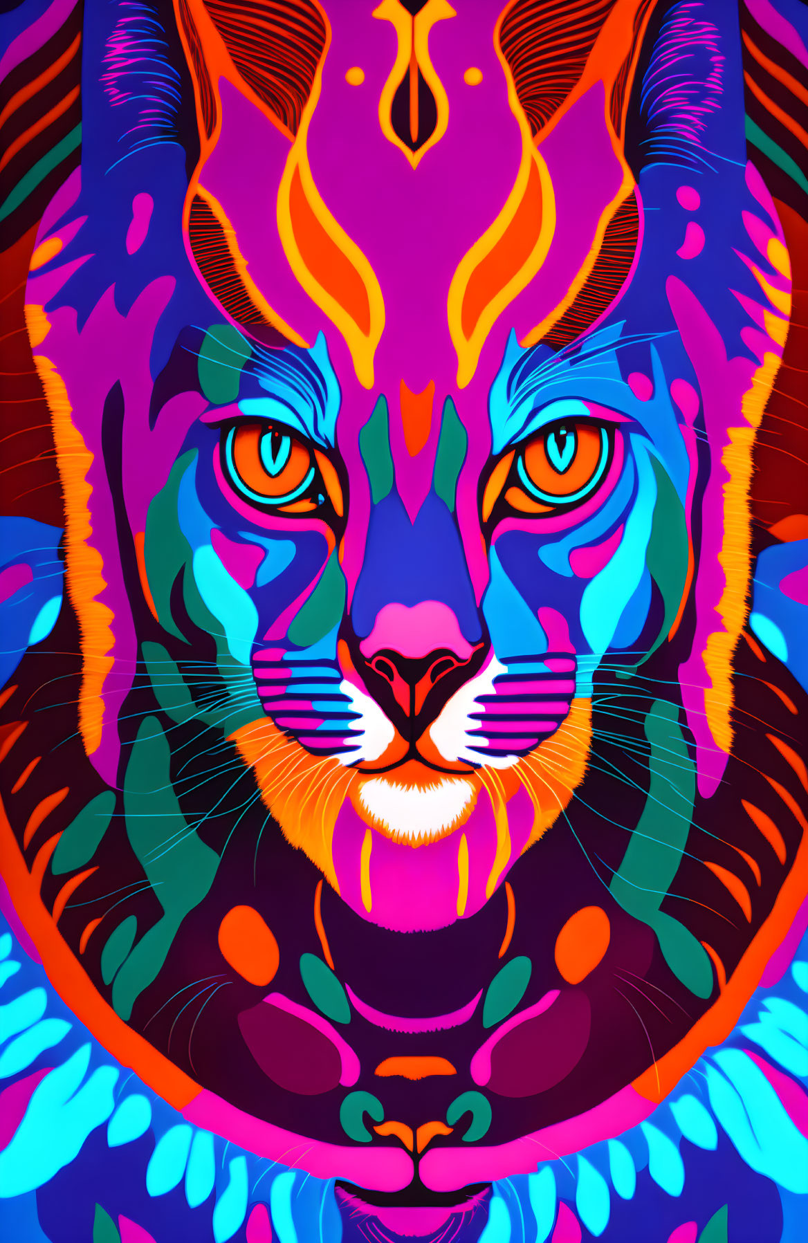 Colorful psychedelic cat illustration with bold patterns and mesmerizing gaze