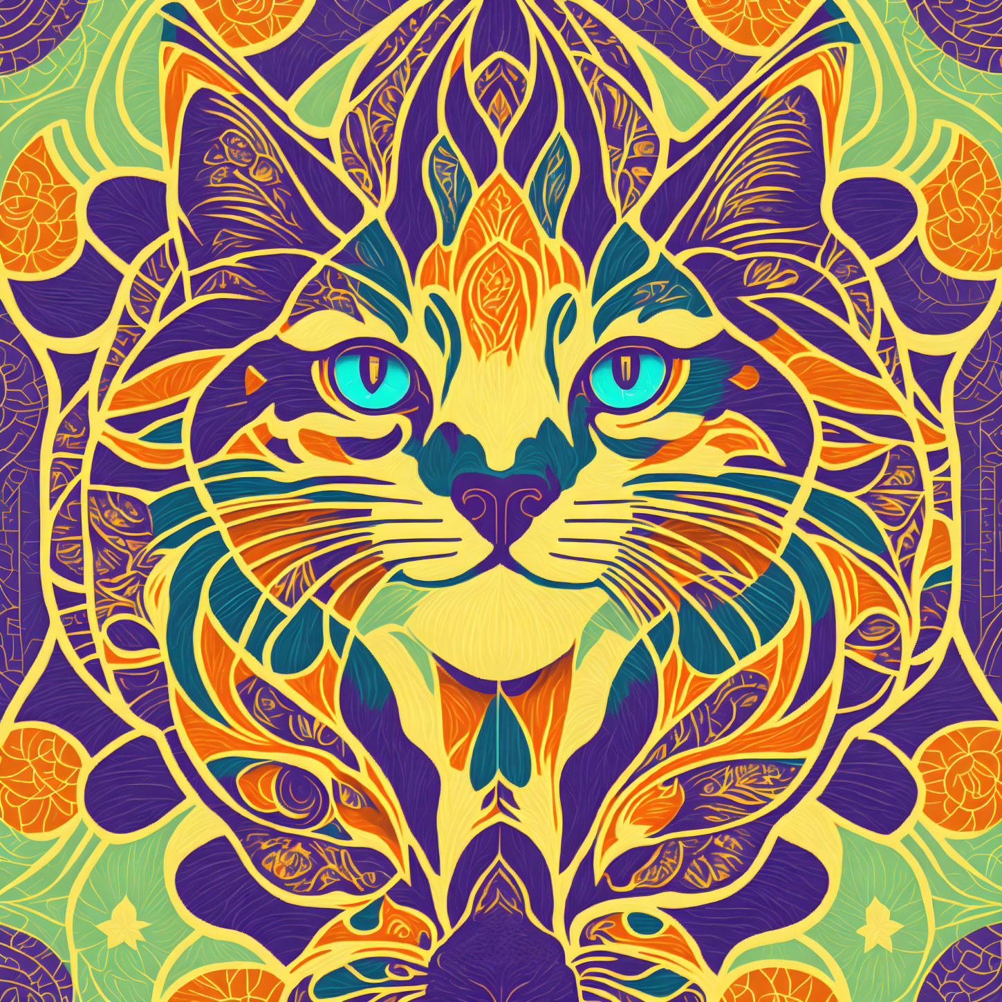 Symmetrical Cat Face Illustration with Vibrant Purple, Orange, and Yellow Tones