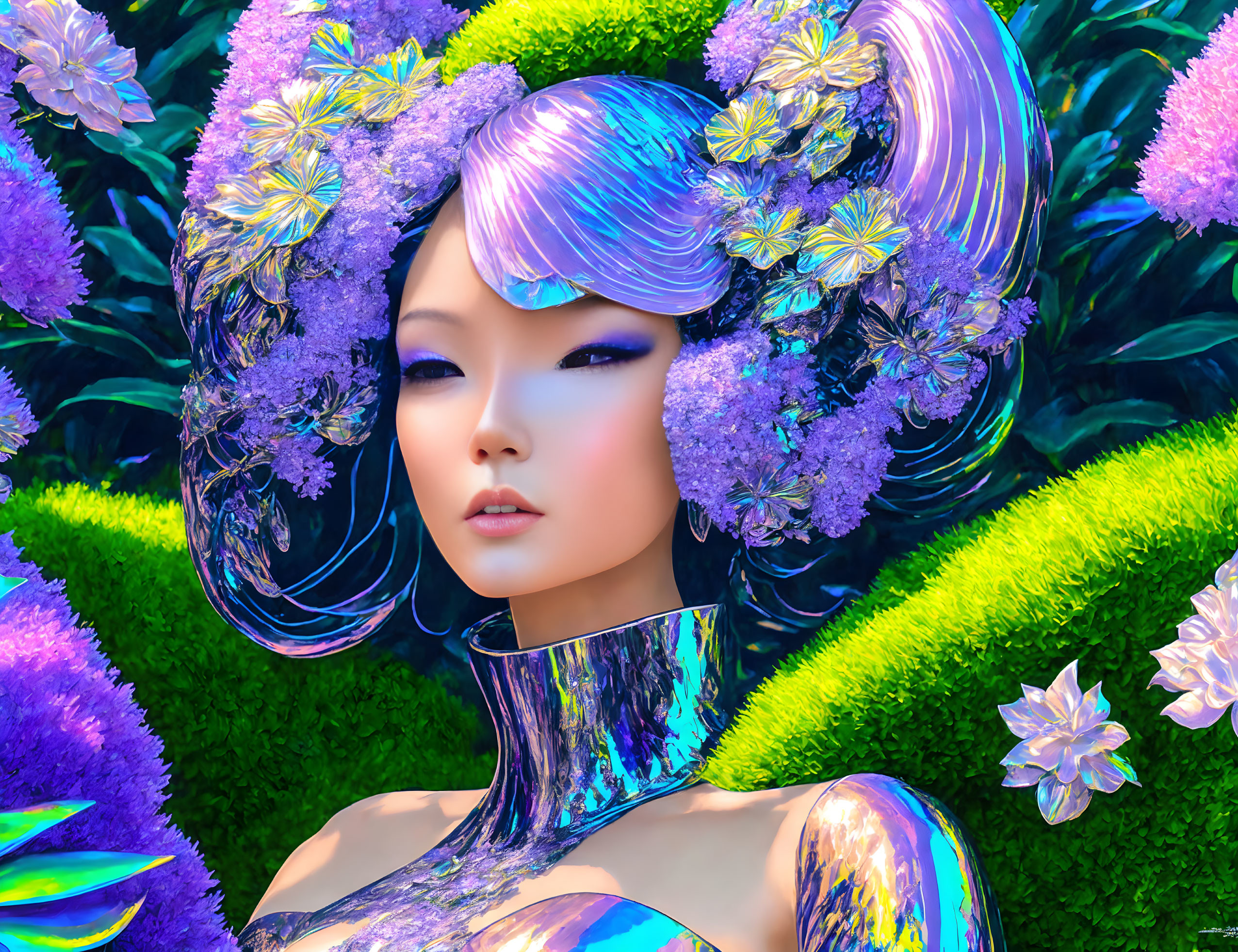 Portrait of person with purple floral and butterfly hair adornments against green hedge.