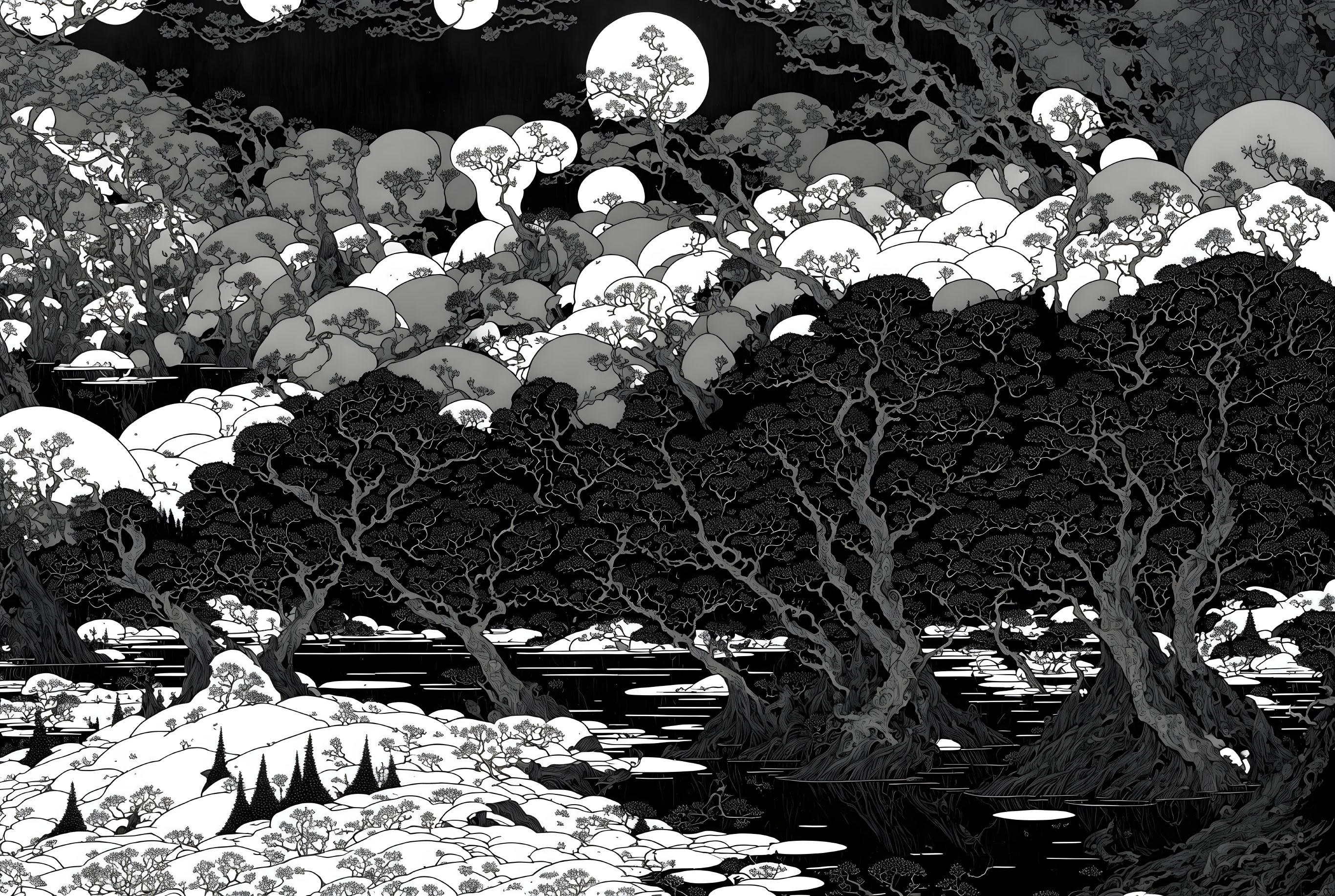 Detailed black and white forest illustration with intricate trees and round patterned canopies, reflecting in water.