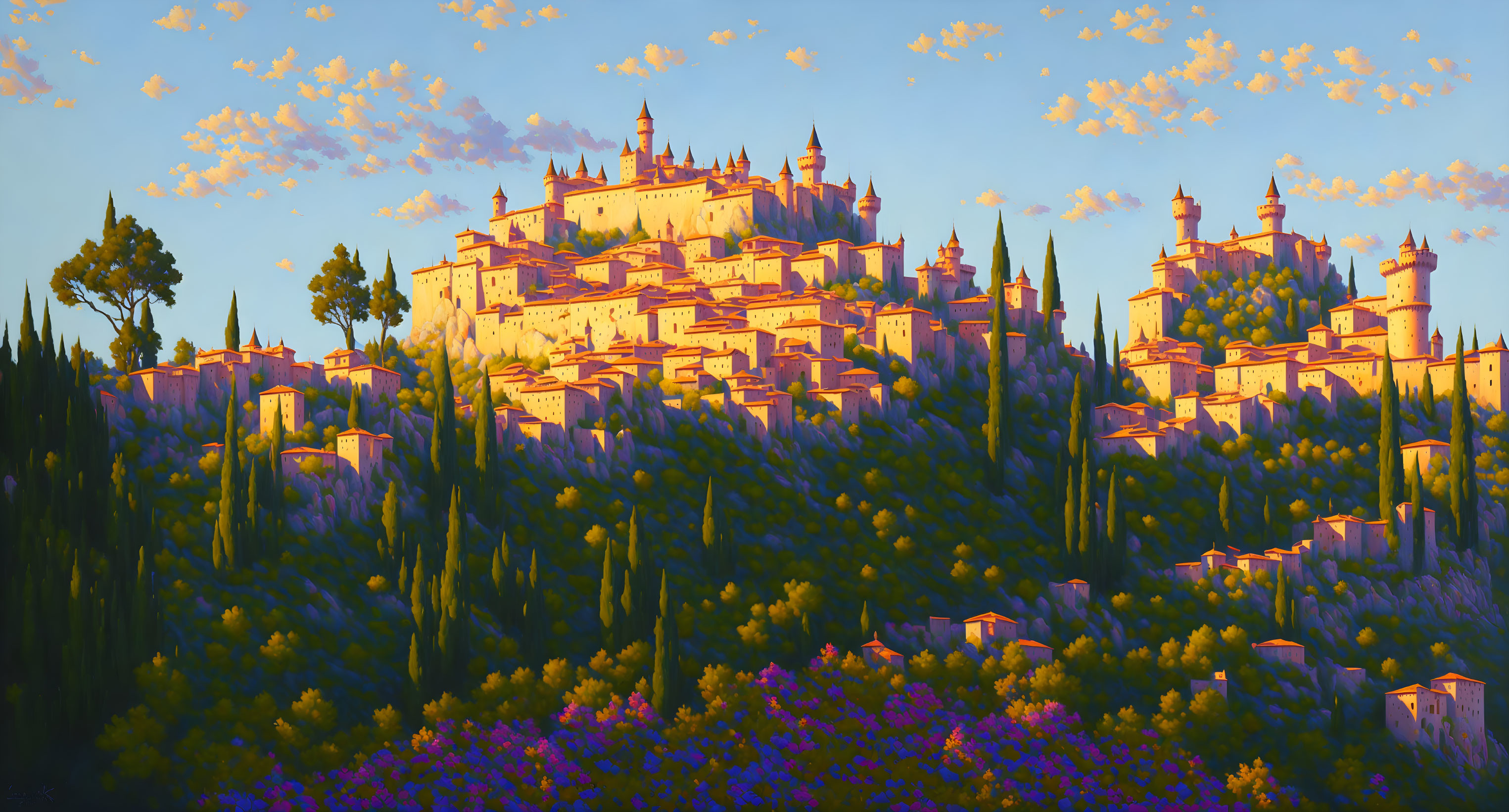 Scenic painting of hilltop town with castle-like buildings amid lush greenery