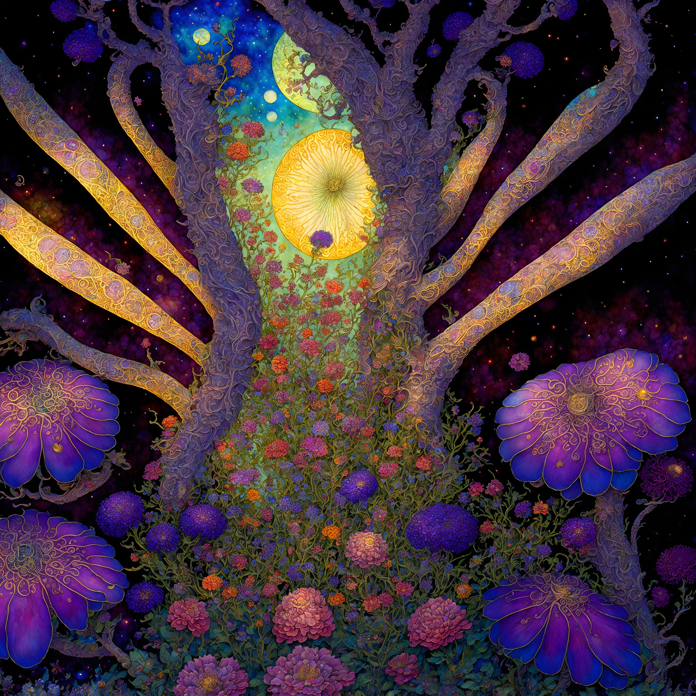 Colorful mystical artwork: Cosmic tree, luminous flowers, starry night sky