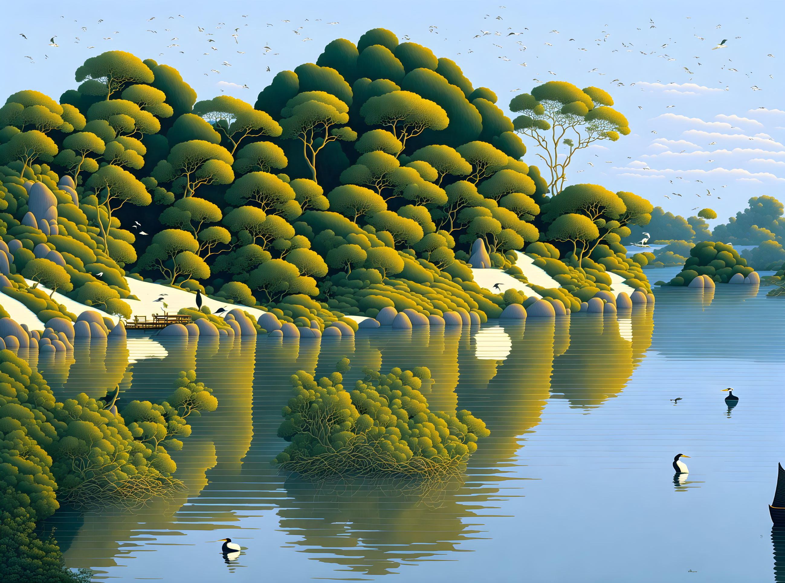 Tranquil riverscape with green trees, reflections, birds, and swimming ducks