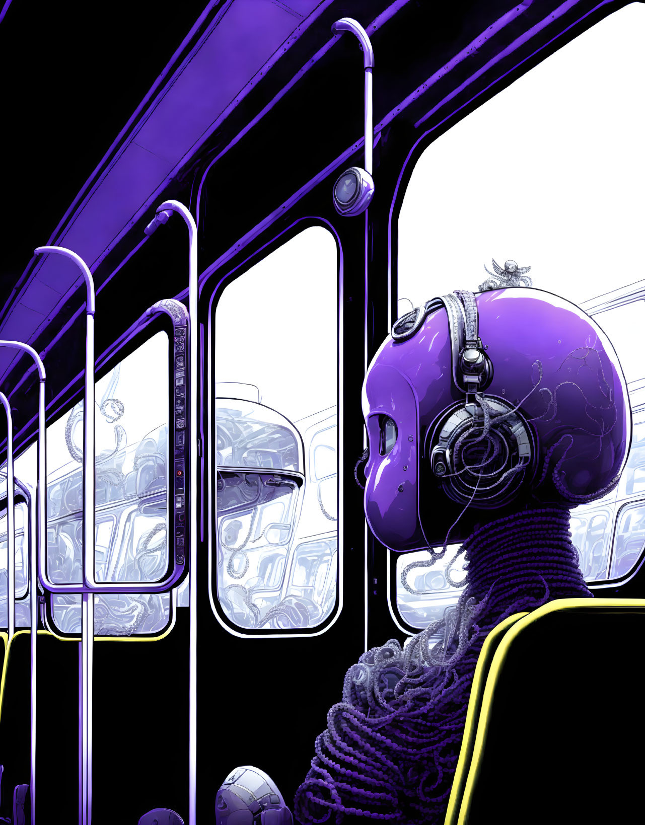 Purple robot with headphones in bus, gazing out window