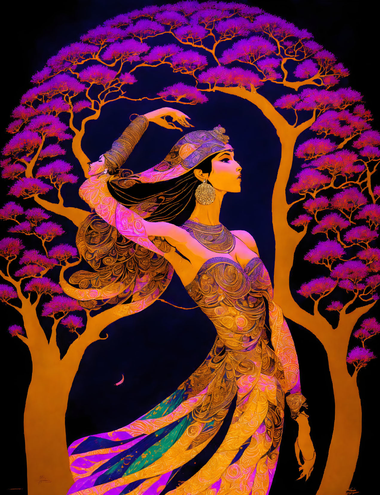 Woman in ornate gold dress under purple trees on dark background