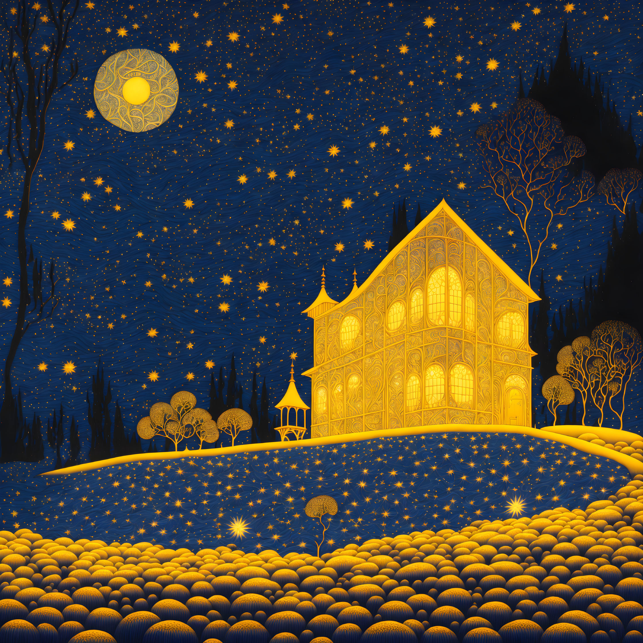 Luminous yellow house on hill under starry night sky