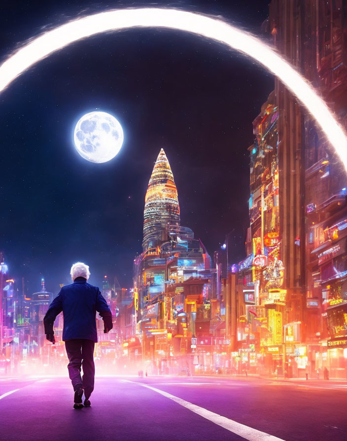 Person walking towards futuristic city under bright moon with glowing ring and neon-lit buildings.