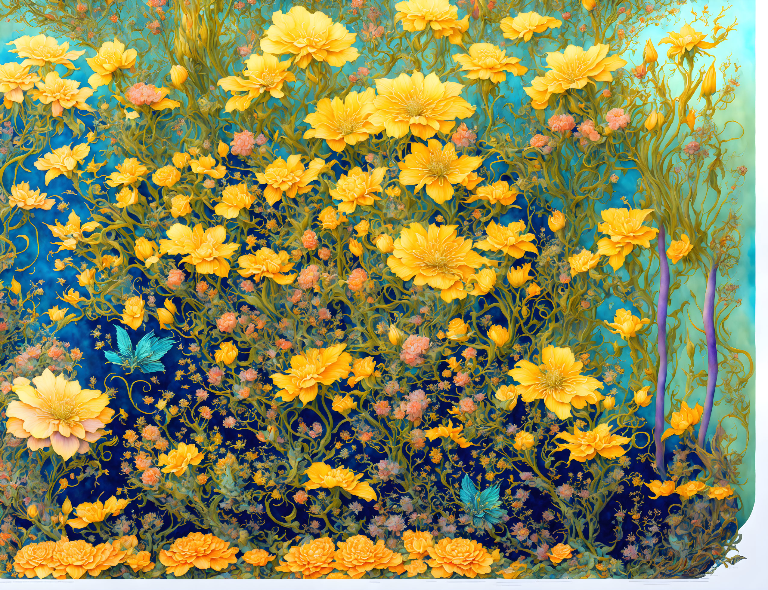 Colorful digital artwork: Yellow flowers and green foliage on blue gradient.