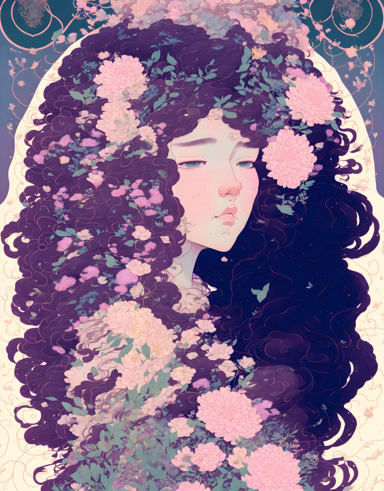 Person with long, wavy hair and pink flowers on blue background