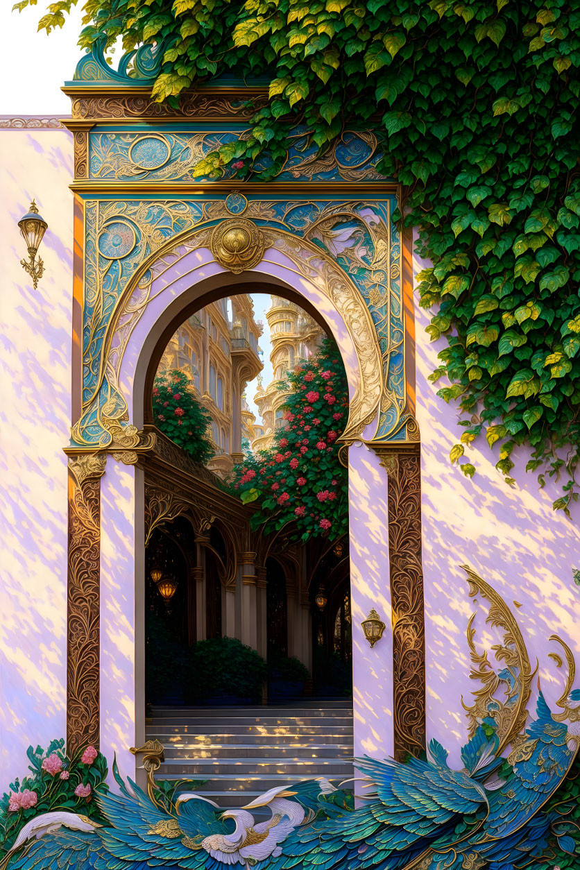 Ornate Archway with Gold and Turquoise Designs in Lush Courtyard