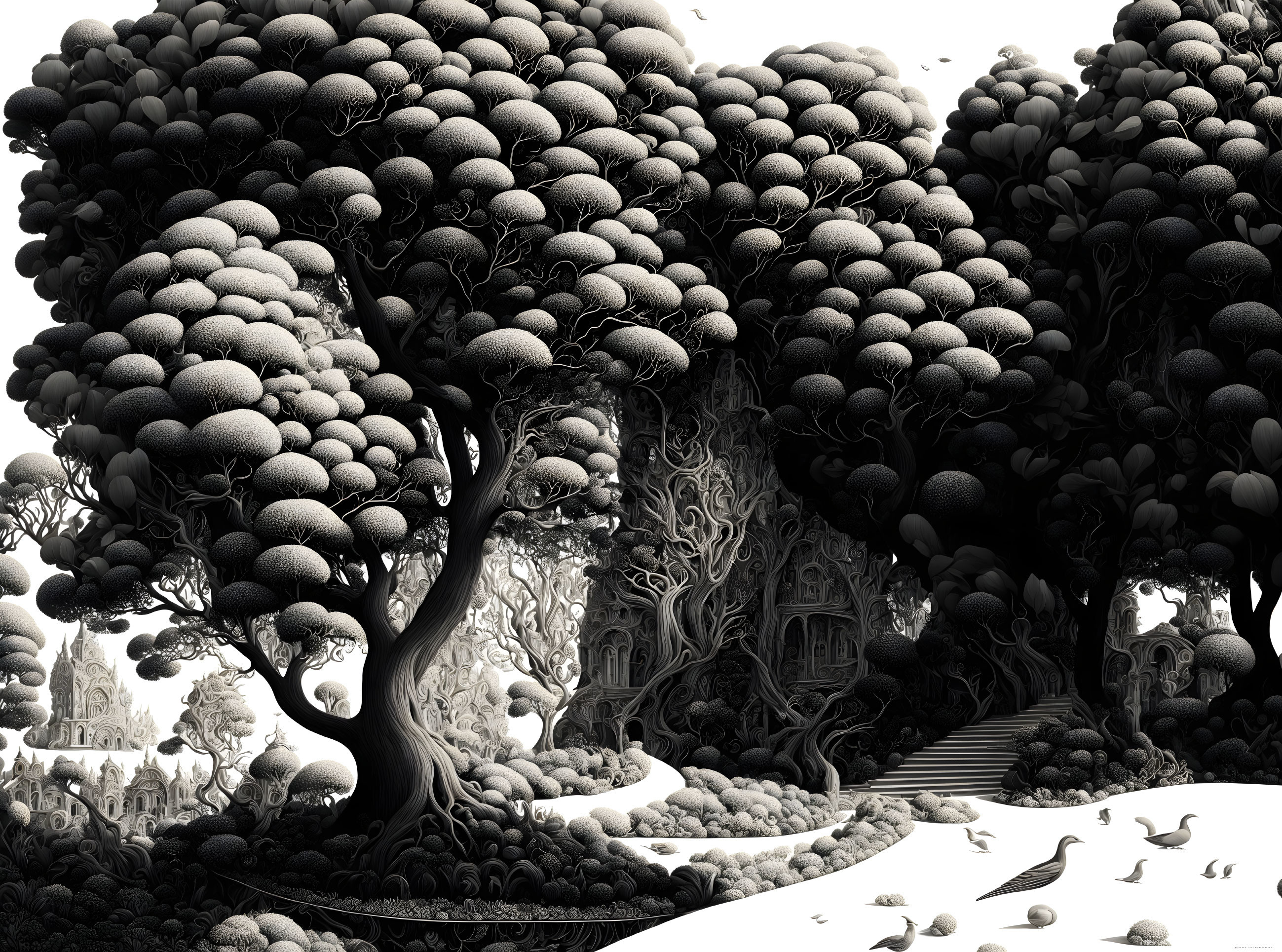 Detailed Monochromatic Fantasy Landscape with Stylized Trees and Whimsical Ducks