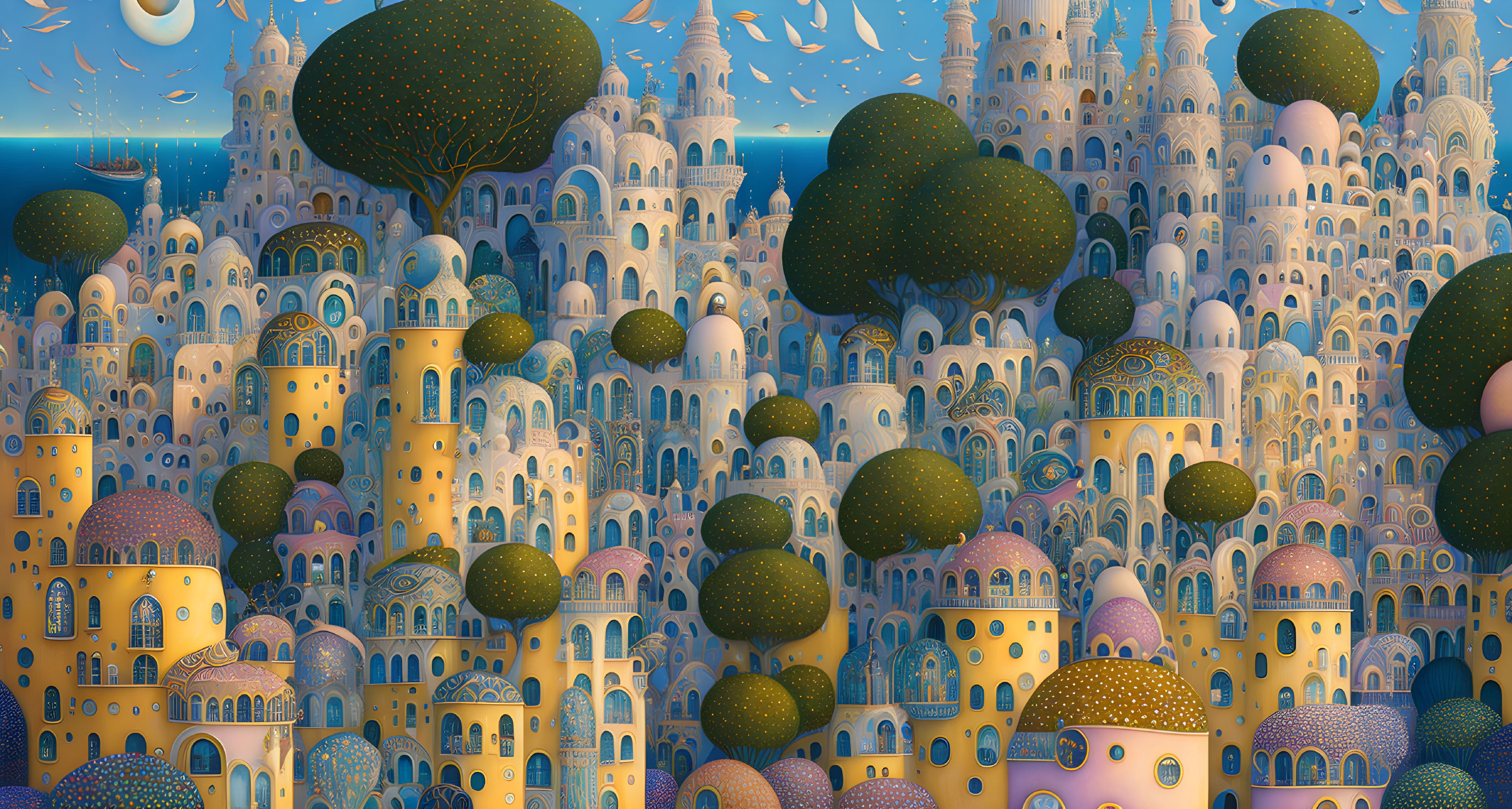 Colorful Towers and Bulbous Trees in Whimsical Landscape