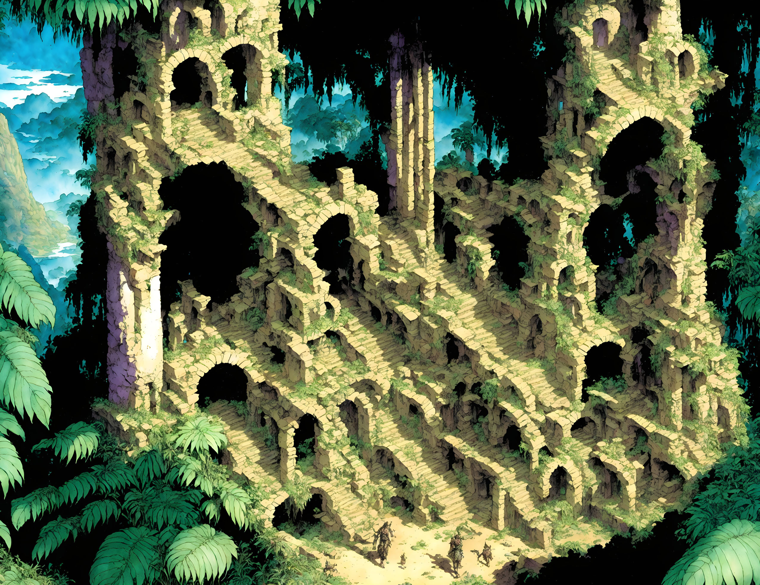 Ancient ruins engulfed by lush jungle and towering trees