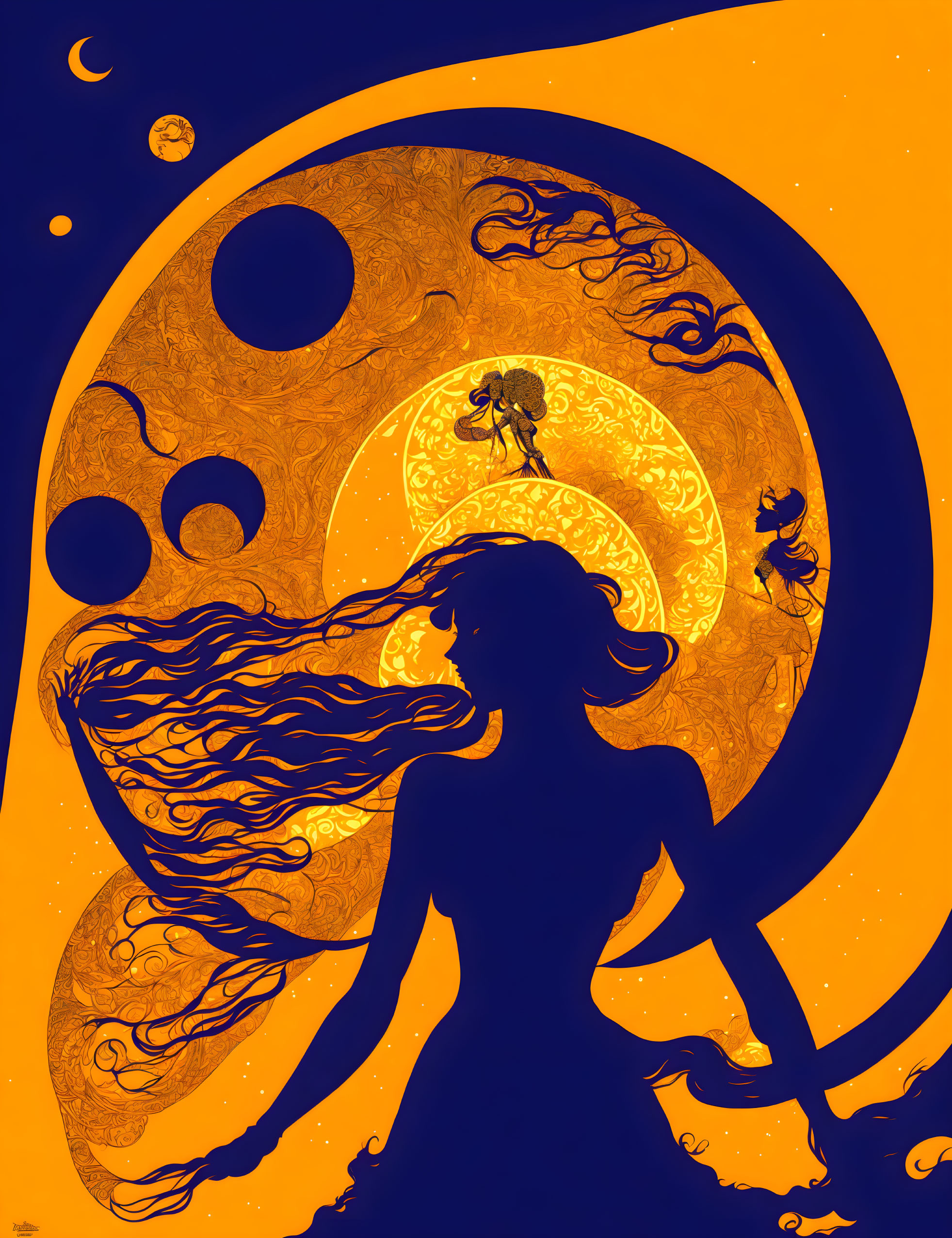 Silhouette of woman with flowing hair against moon and circles on orange and blue background