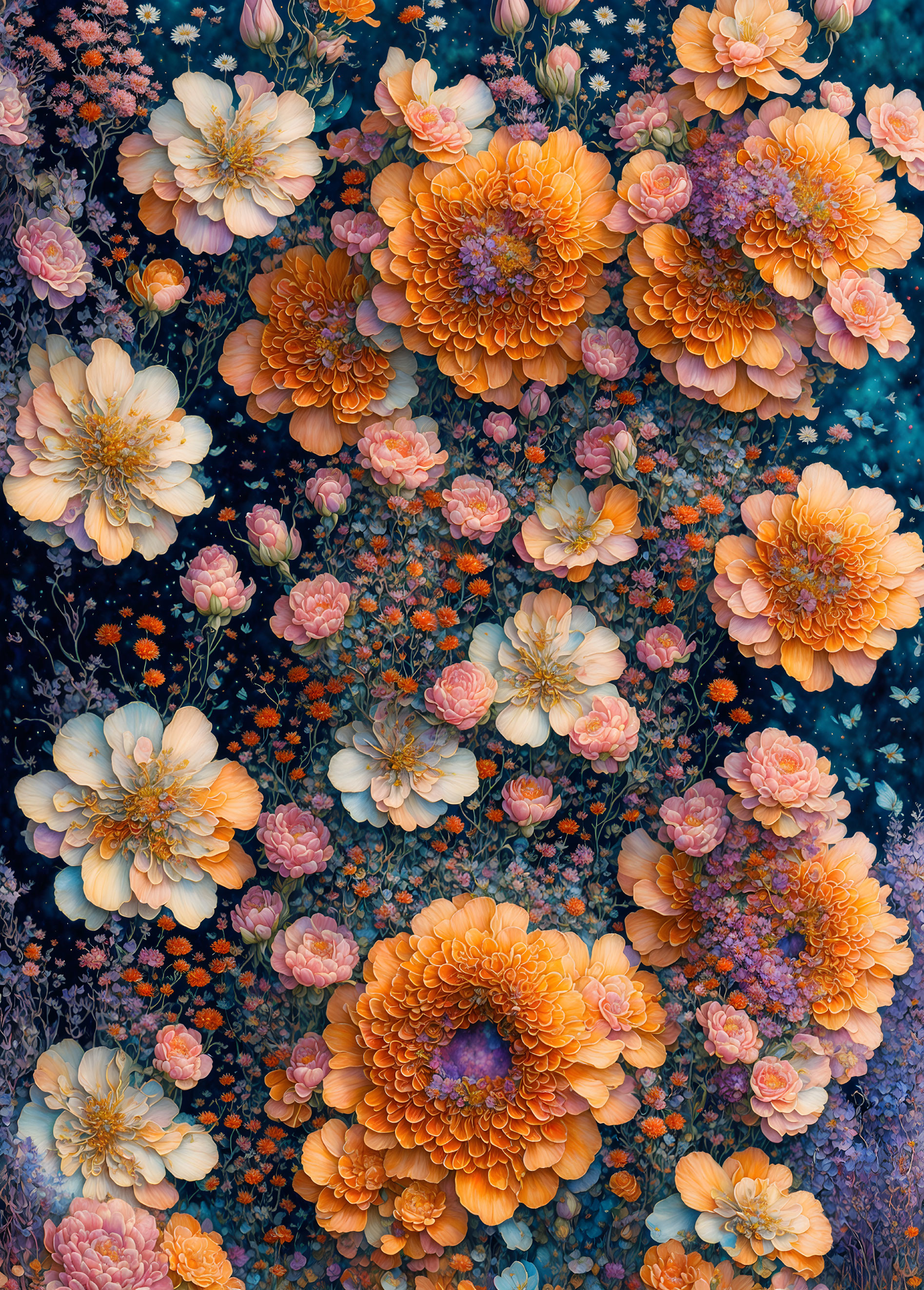 Colorful Orange, Peach, and Purple Flowers on Blue Background