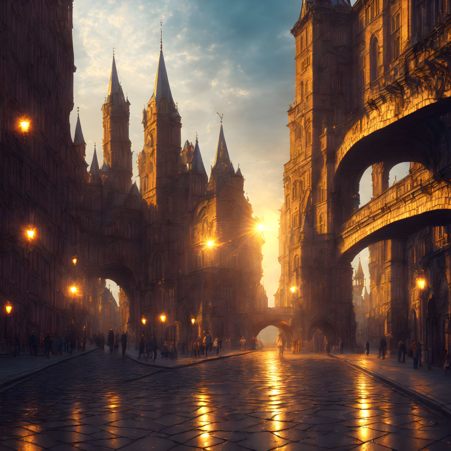 Fantasy cityscape at sunset with spires, arched bridge, cobbled streets, and warm