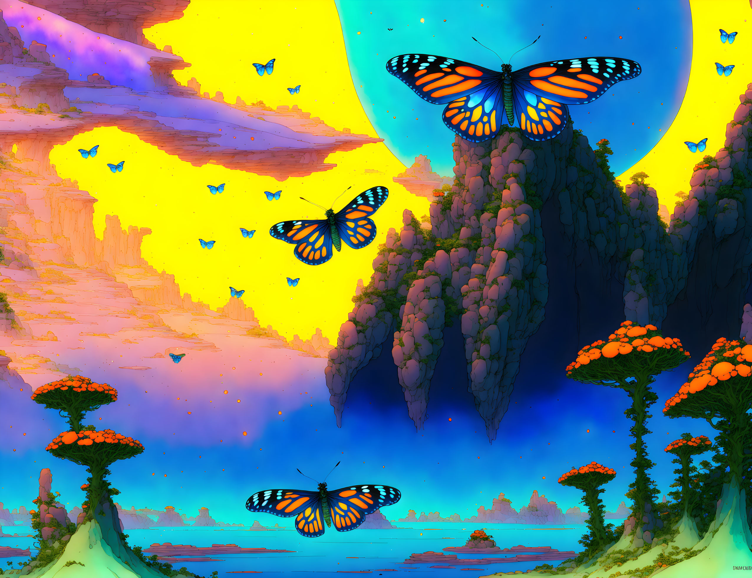 Colorful fantasy landscape with rock formations, orange trees, butterflies, moonlit sky.