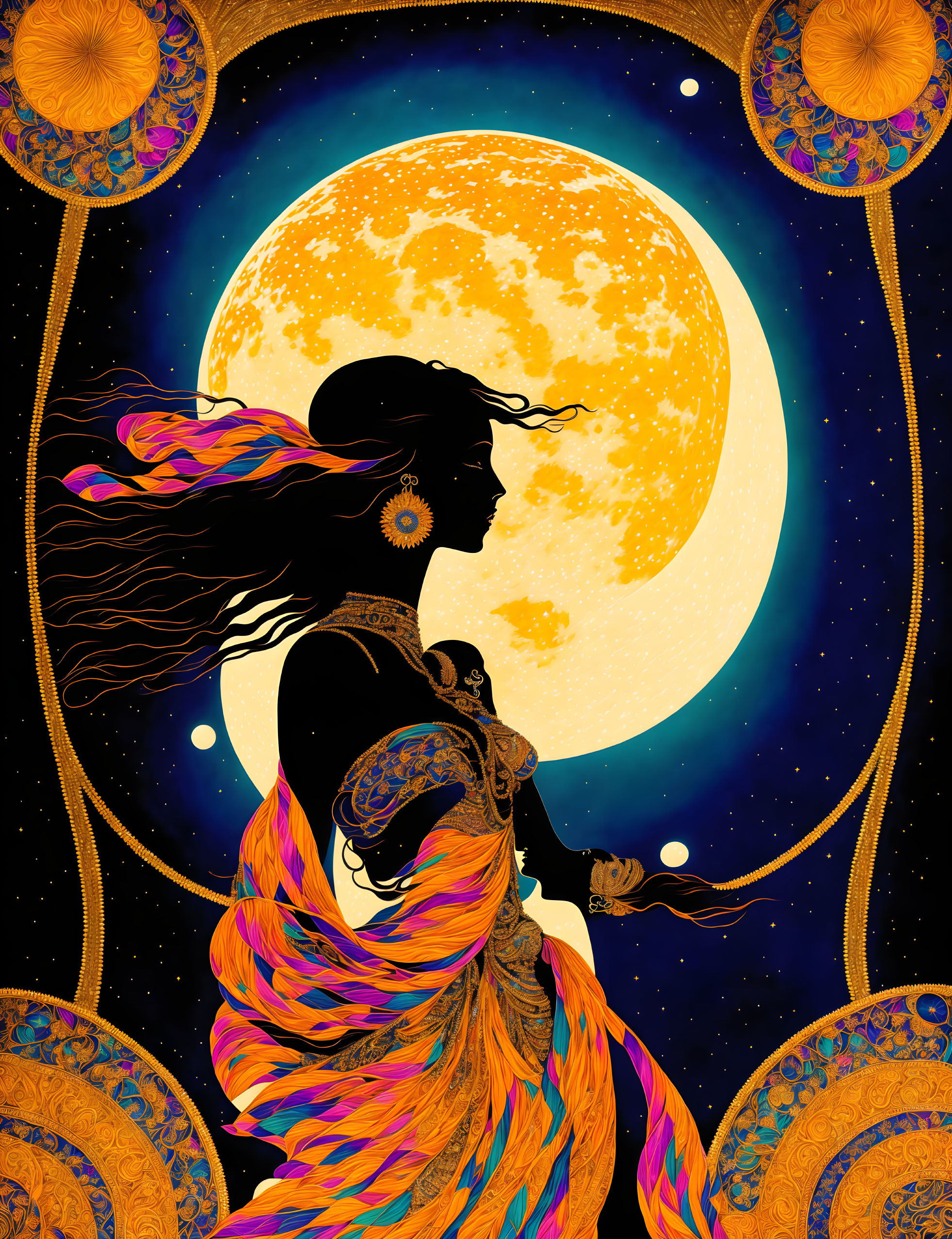 Silhouette of woman against cosmic backdrop with moon, stars, and mandalas