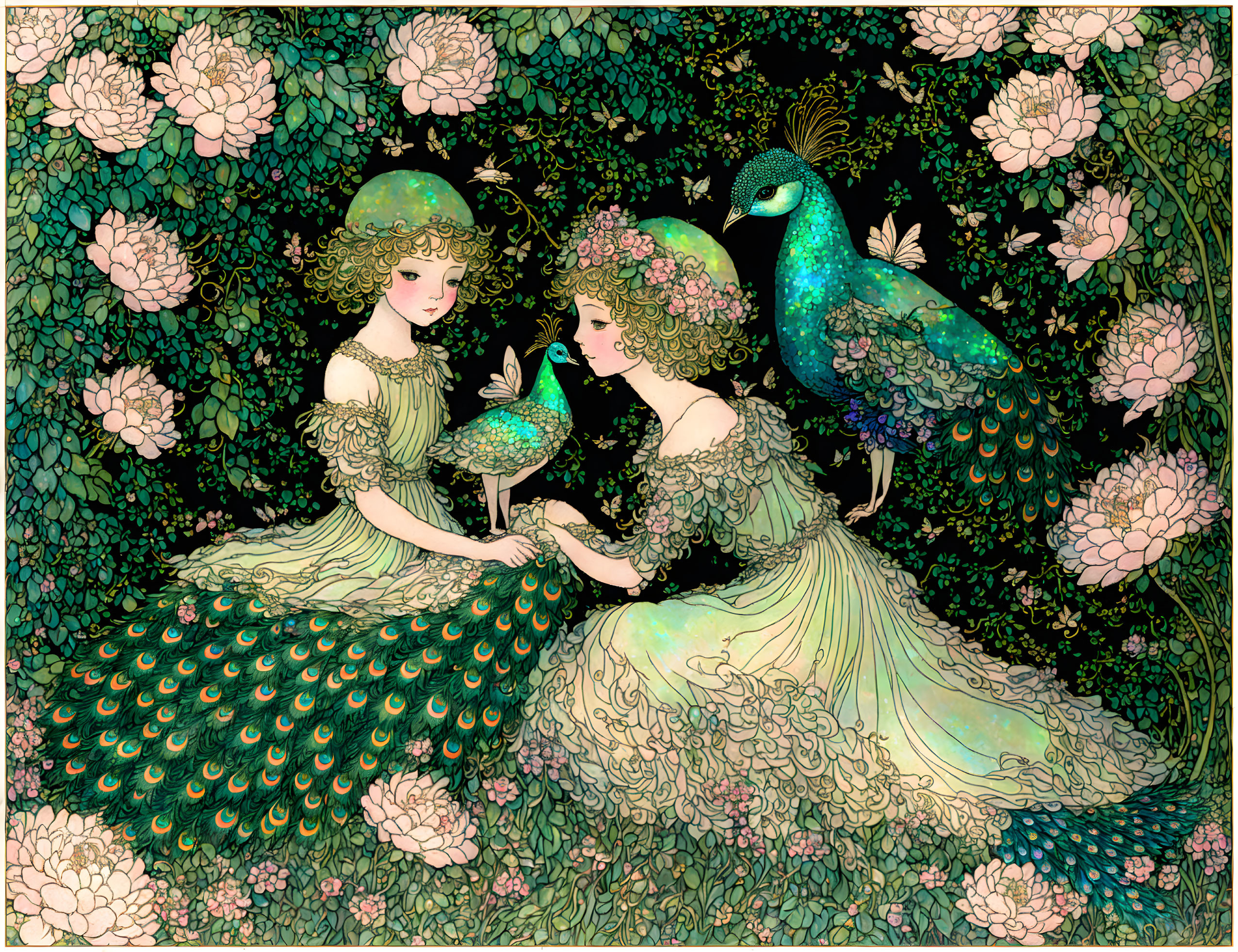 Two women in peacock-themed dresses with peacock and chick in Art Nouveau style