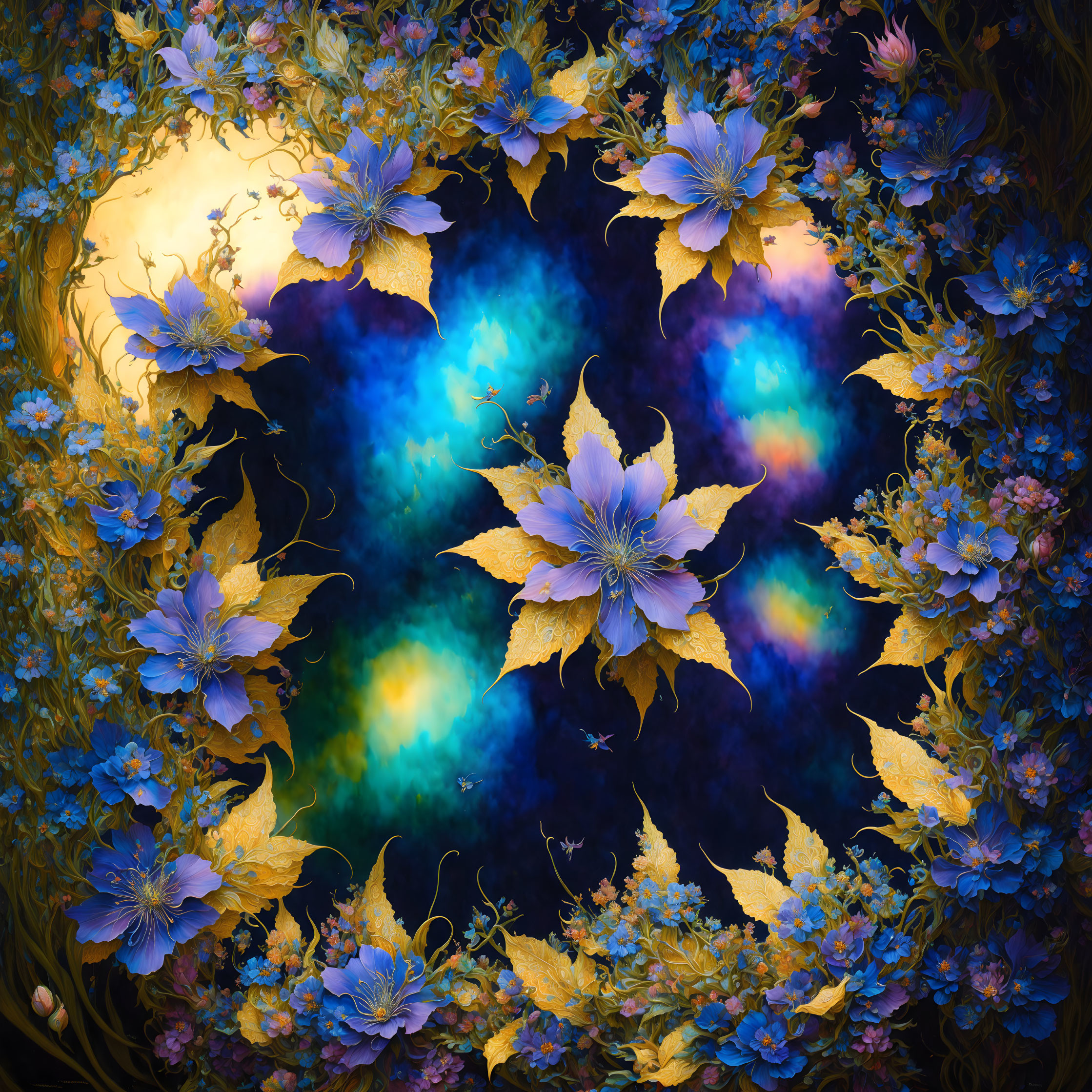 Blue and Yellow Cosmic Floral Arrangement on Vibrant Galaxy Background