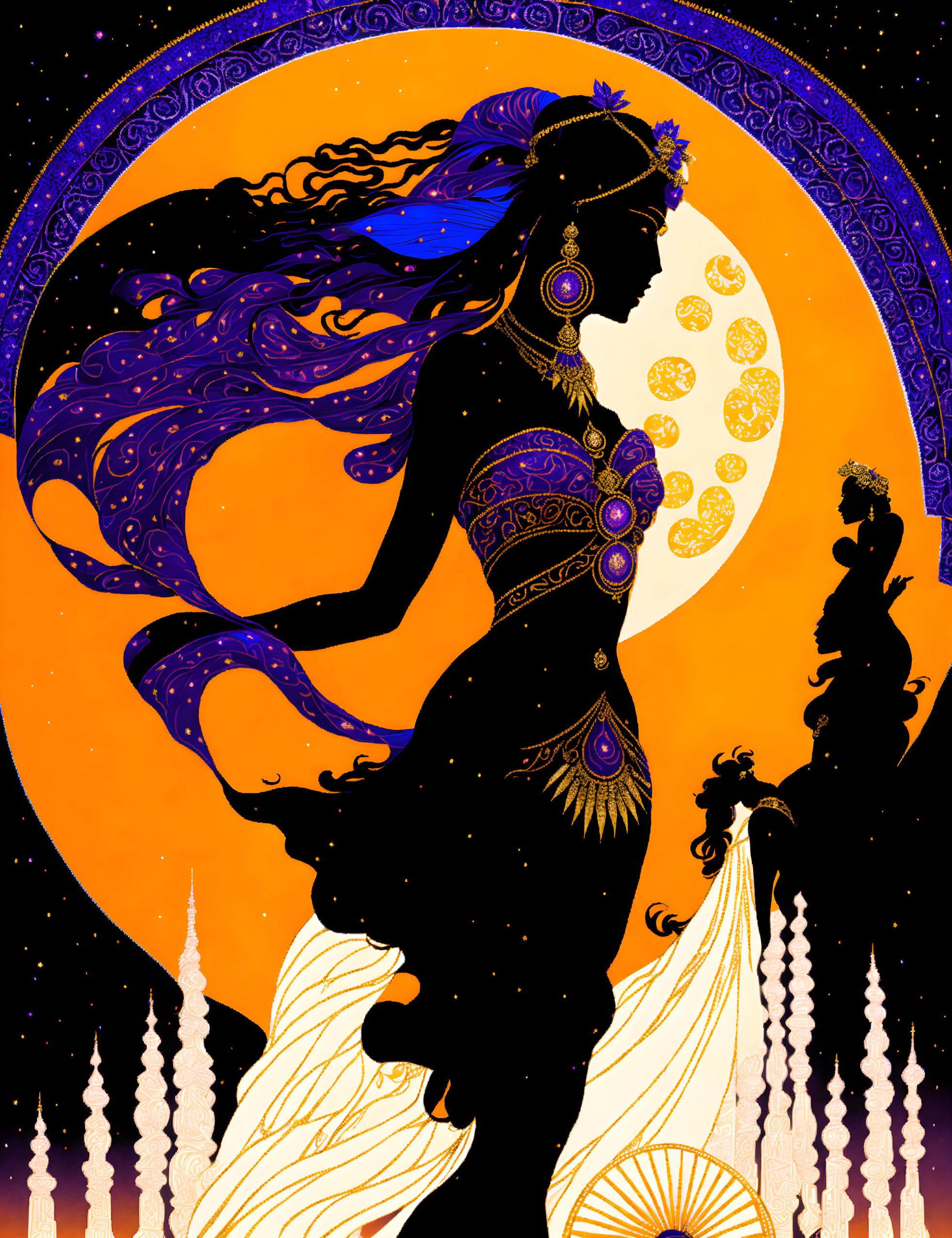 Silhouetted female figure in traditional attire under full moon.