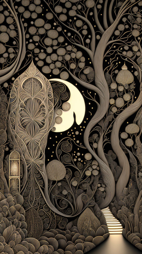 Detailed Black and Gold Forest Scene with Trees, Mushrooms, Lantern, and Crescent Moon