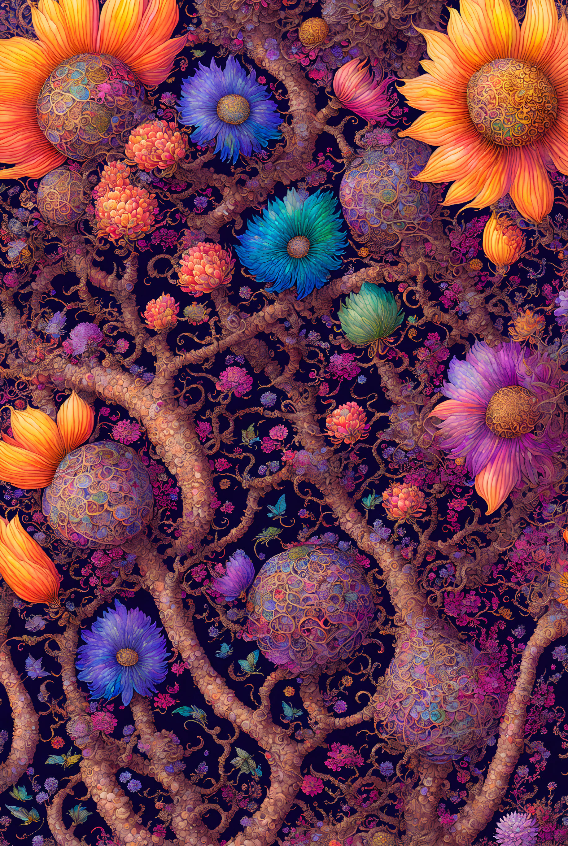 Colorful Psychedelic Flowers and Branches Illustration