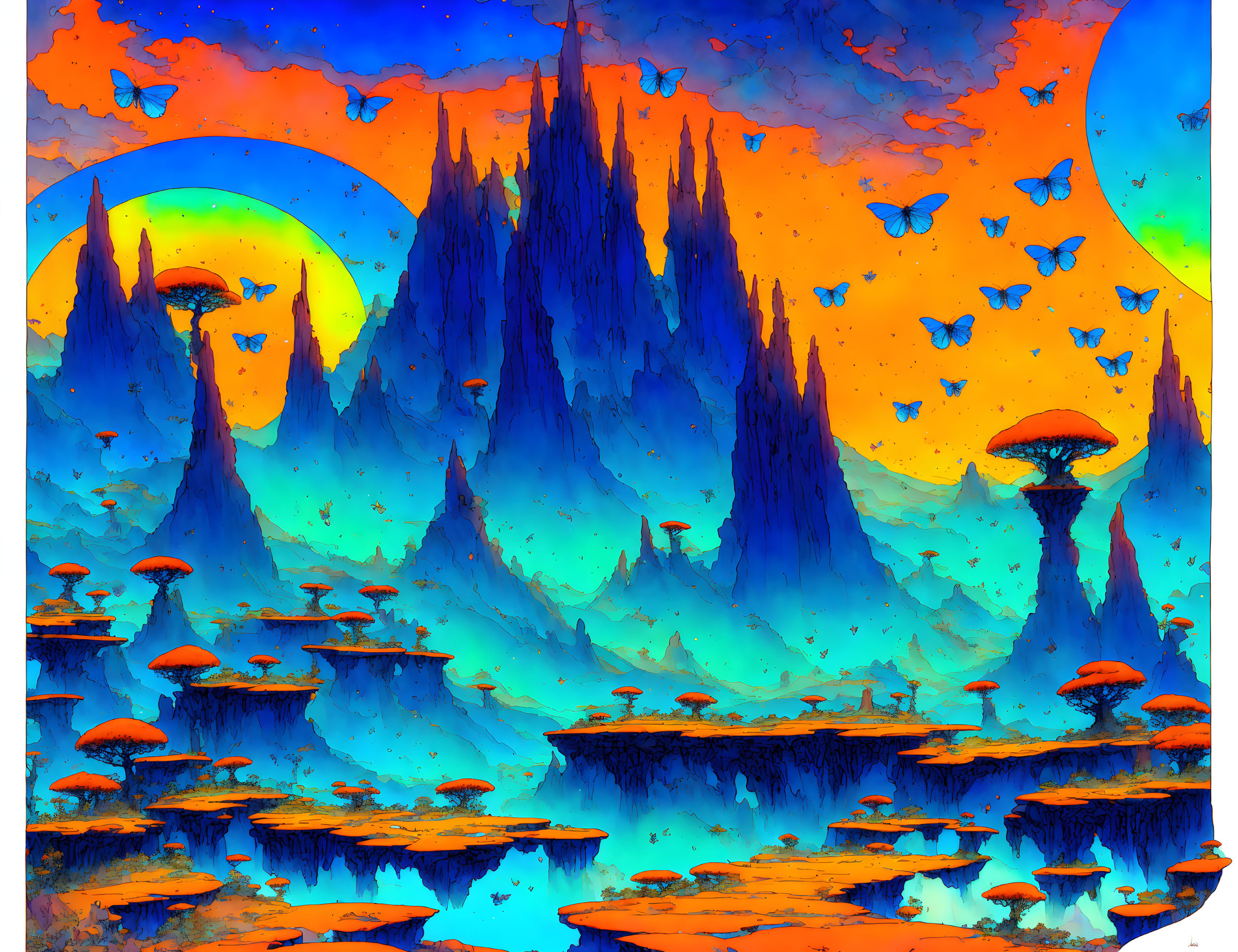 Colorful alien world with towering spires, floating islands, double rainbows, and oversized mushrooms