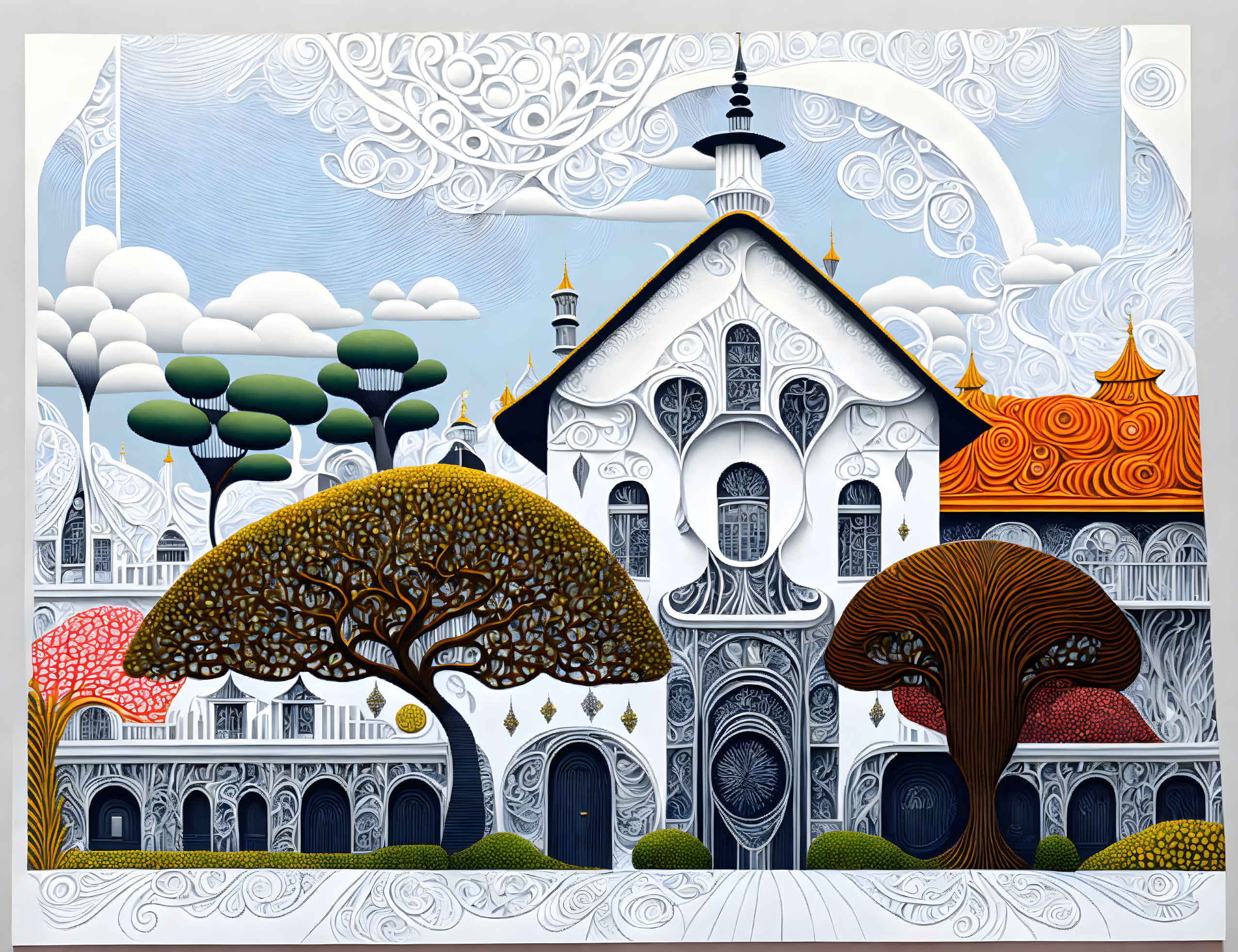 Detailed illustration of ornate building in whimsical landscape