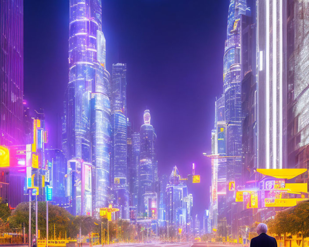 Lonely figure walks city street at night with moon and skyscrapers.