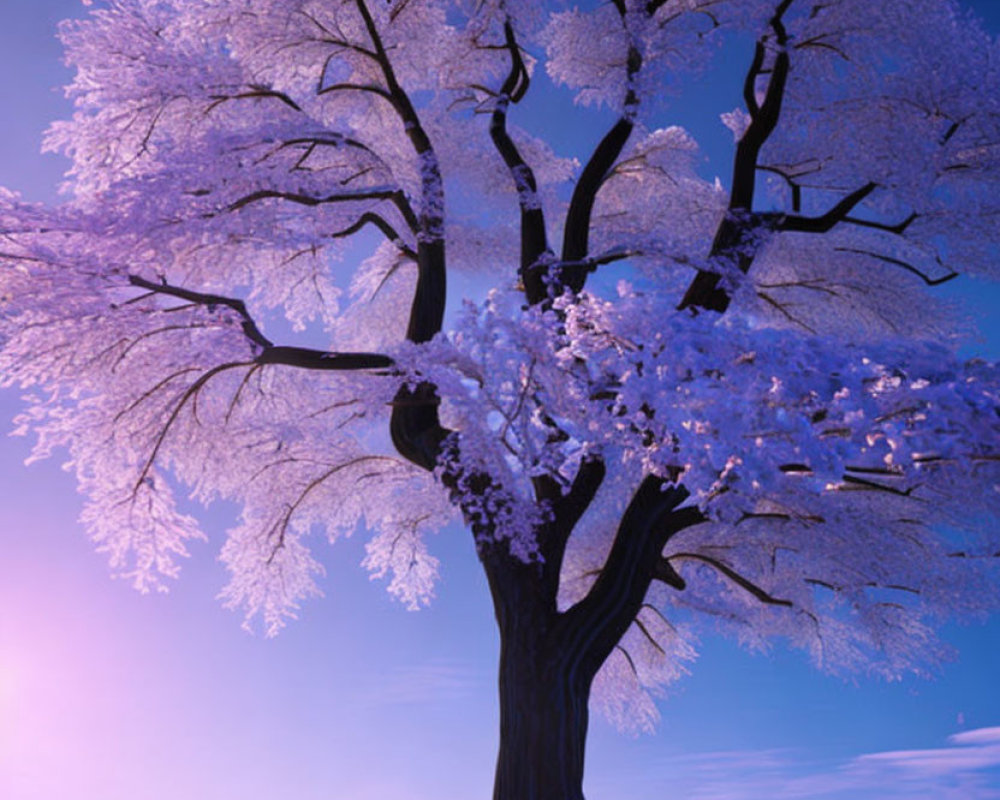 Frost-covered tree with white blossoms under purple sky