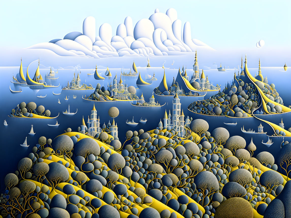 Surreal landscape with architectural structures, boats on blue sea, and bubble-like hills