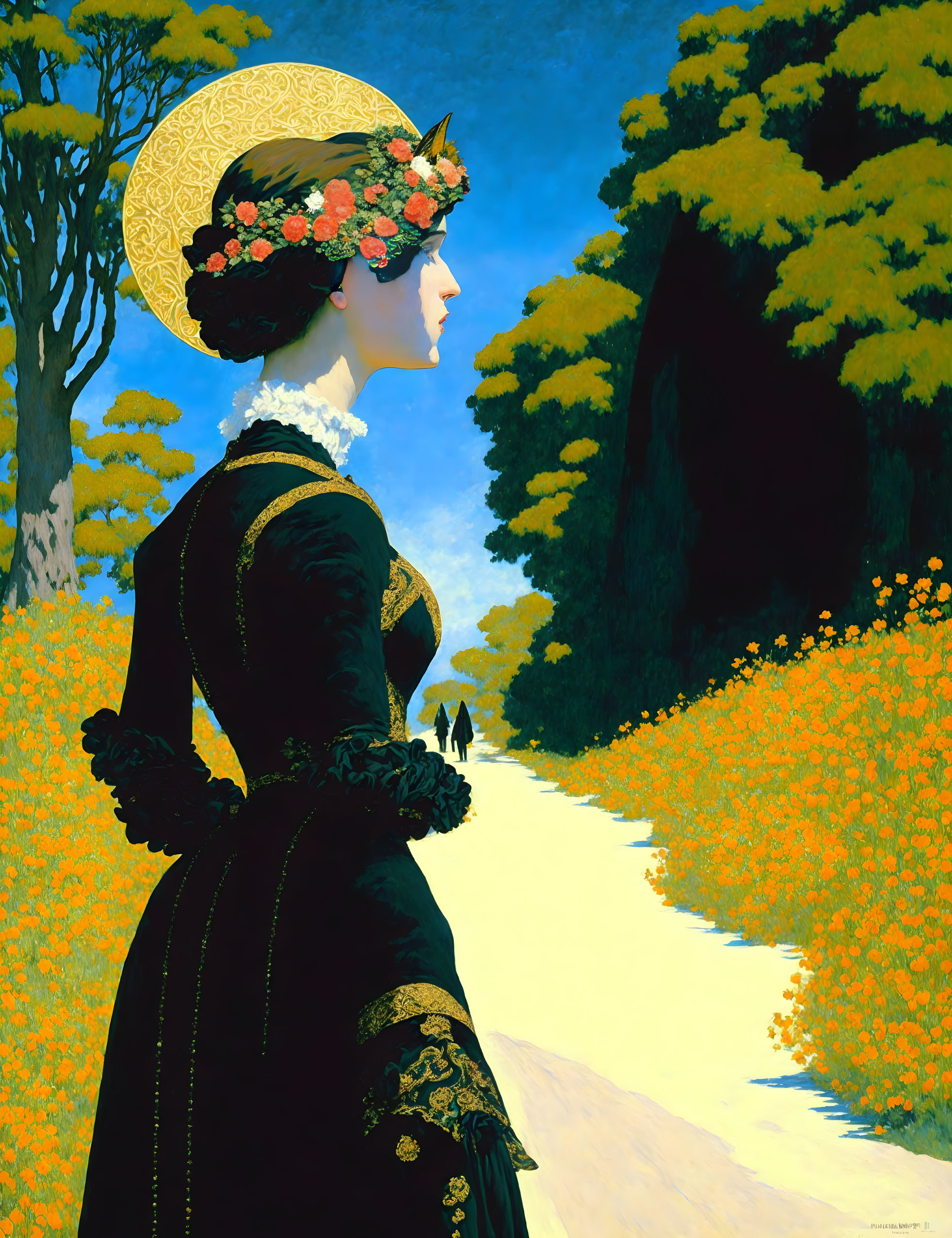 Vintage woman in black dress gazes in yellow-flowered forest