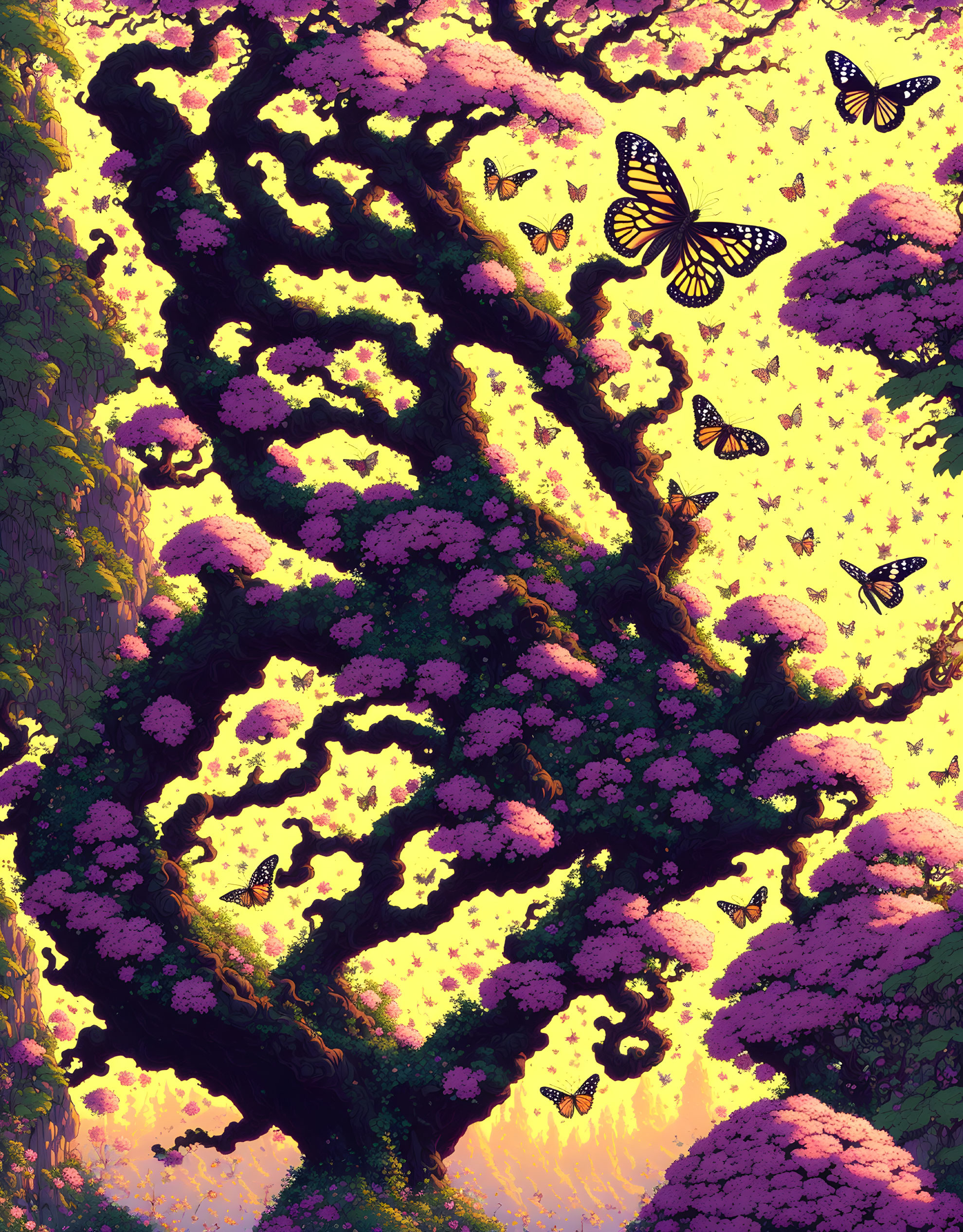 Colorful whimsical tree with purple foliage and butterflies in golden light