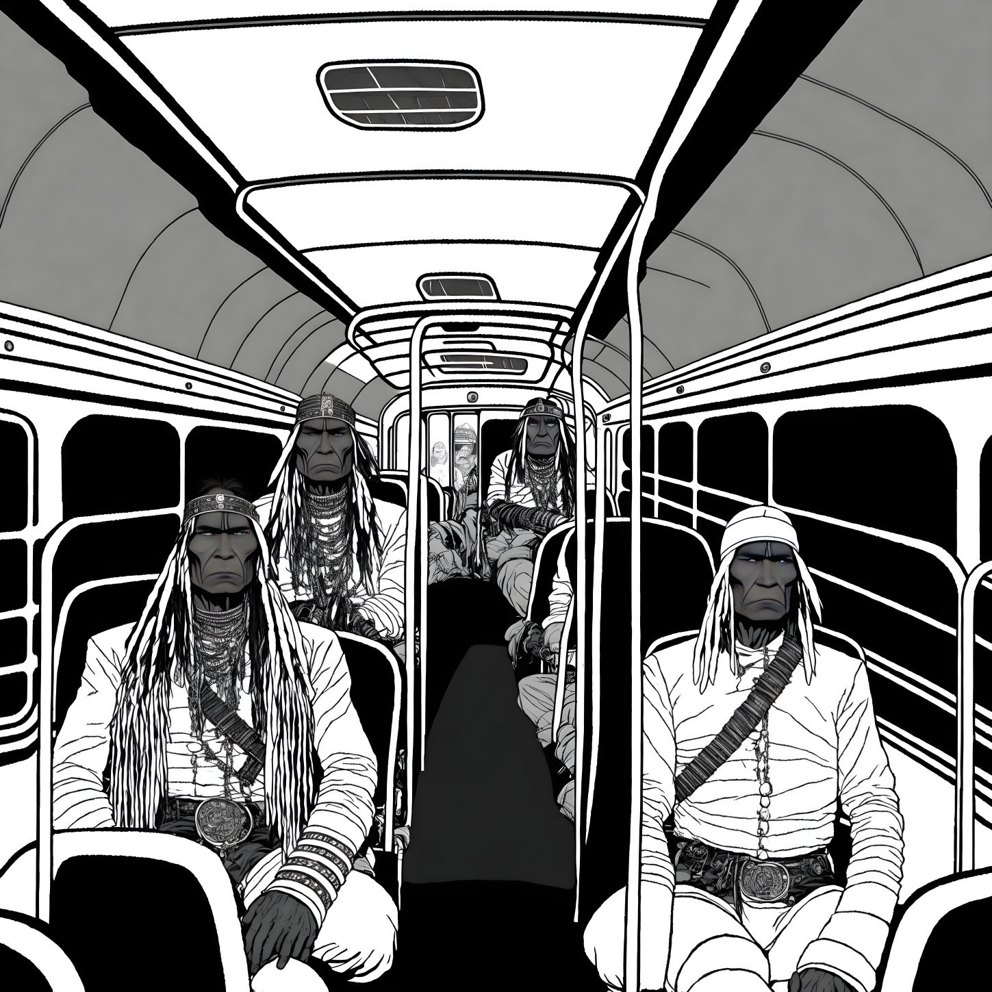 Native American Attire in Modern Bus Illustration