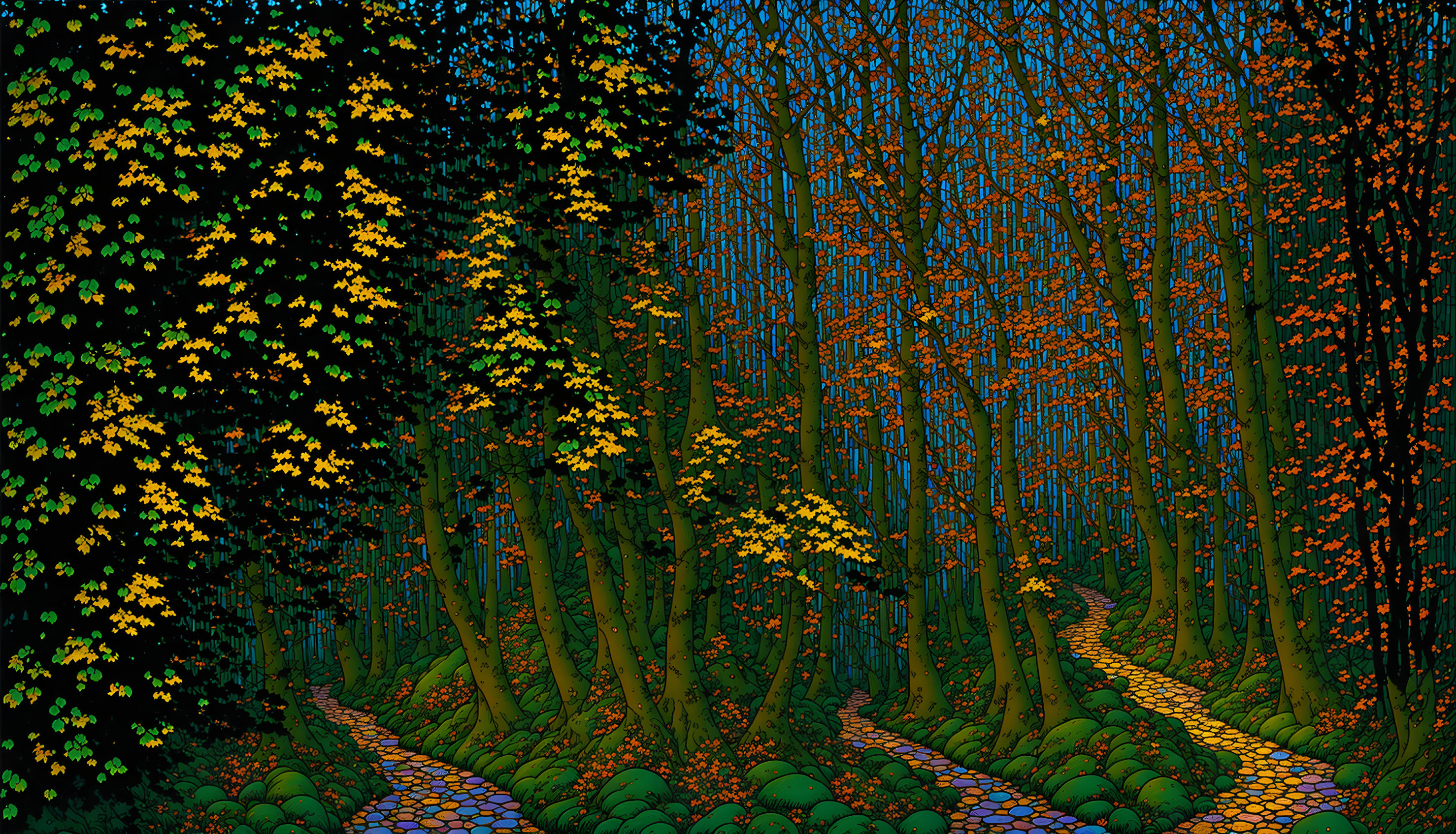 Mystical forest at night with cobblestone path & autumn trees