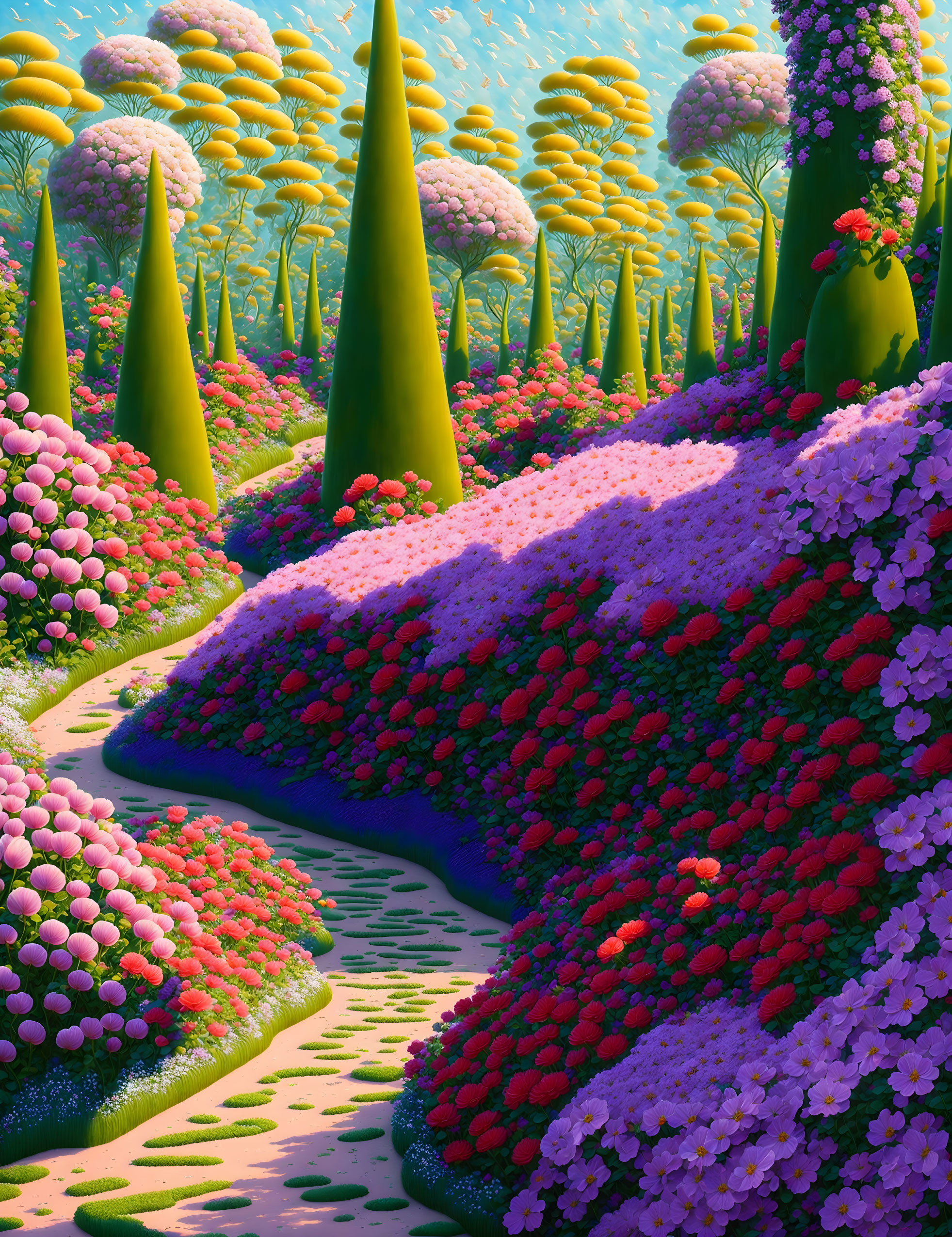 Colorful surreal landscape with pink and purple flowers, yellow trees, winding path, and rolling hills under